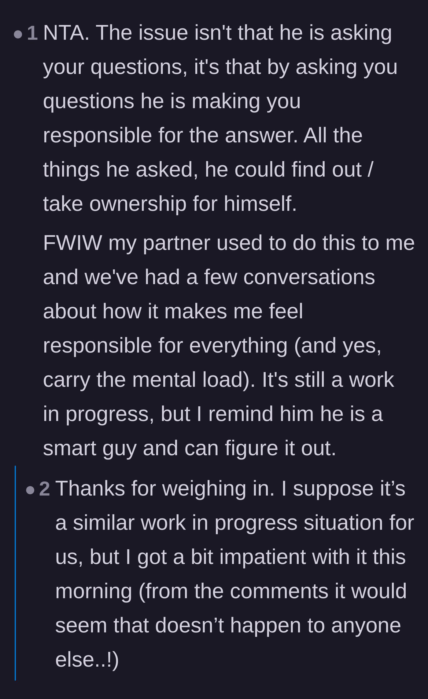 Comment thread 2 - Discussing how making your partner responsible for answers is the core issue, featuring a joke medical paper on Refrigerator Blindness.