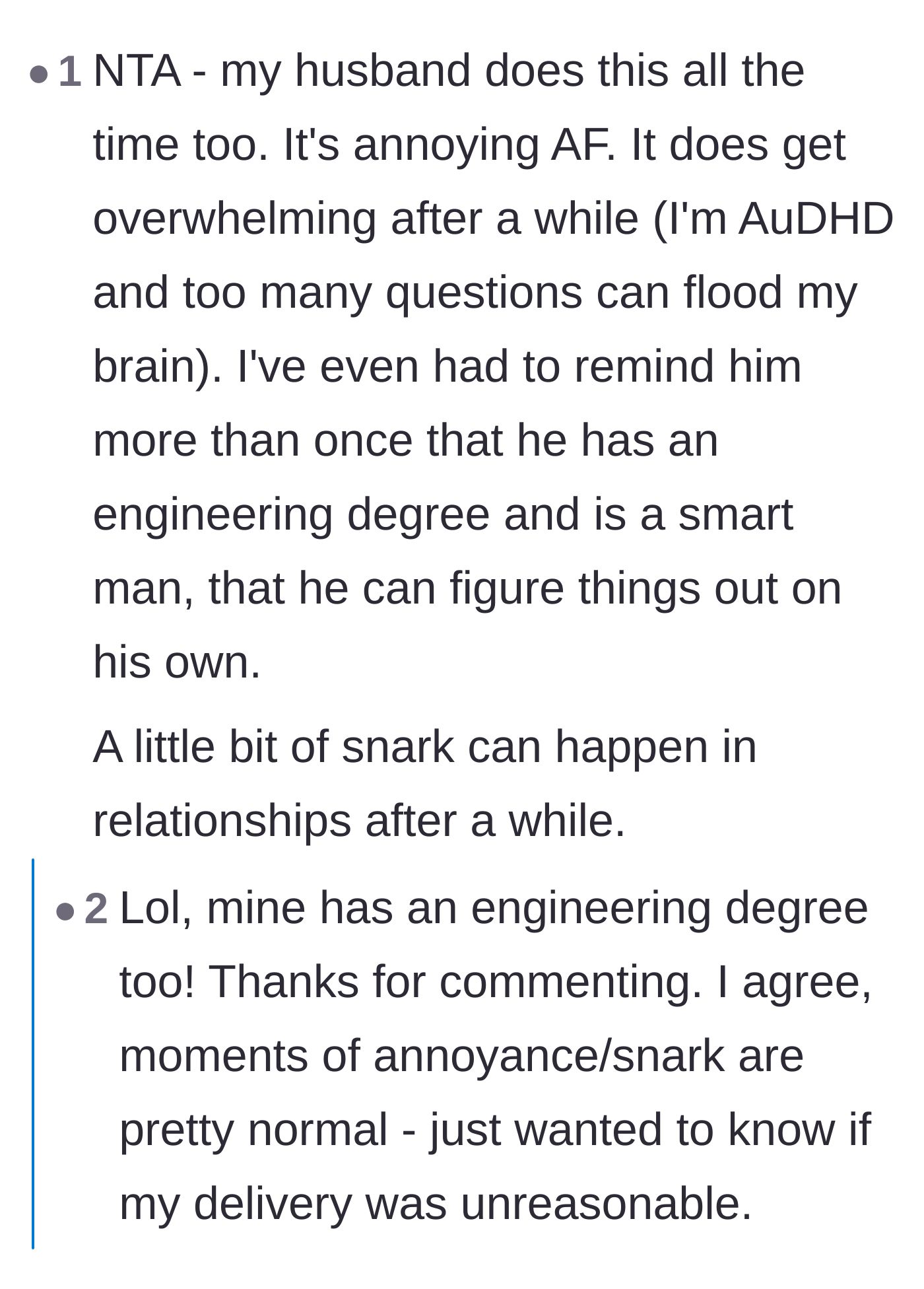 Comment thread 3 - Partners of engineers venting about how their highly educated husbands turn off their problem-solving skills at home.
