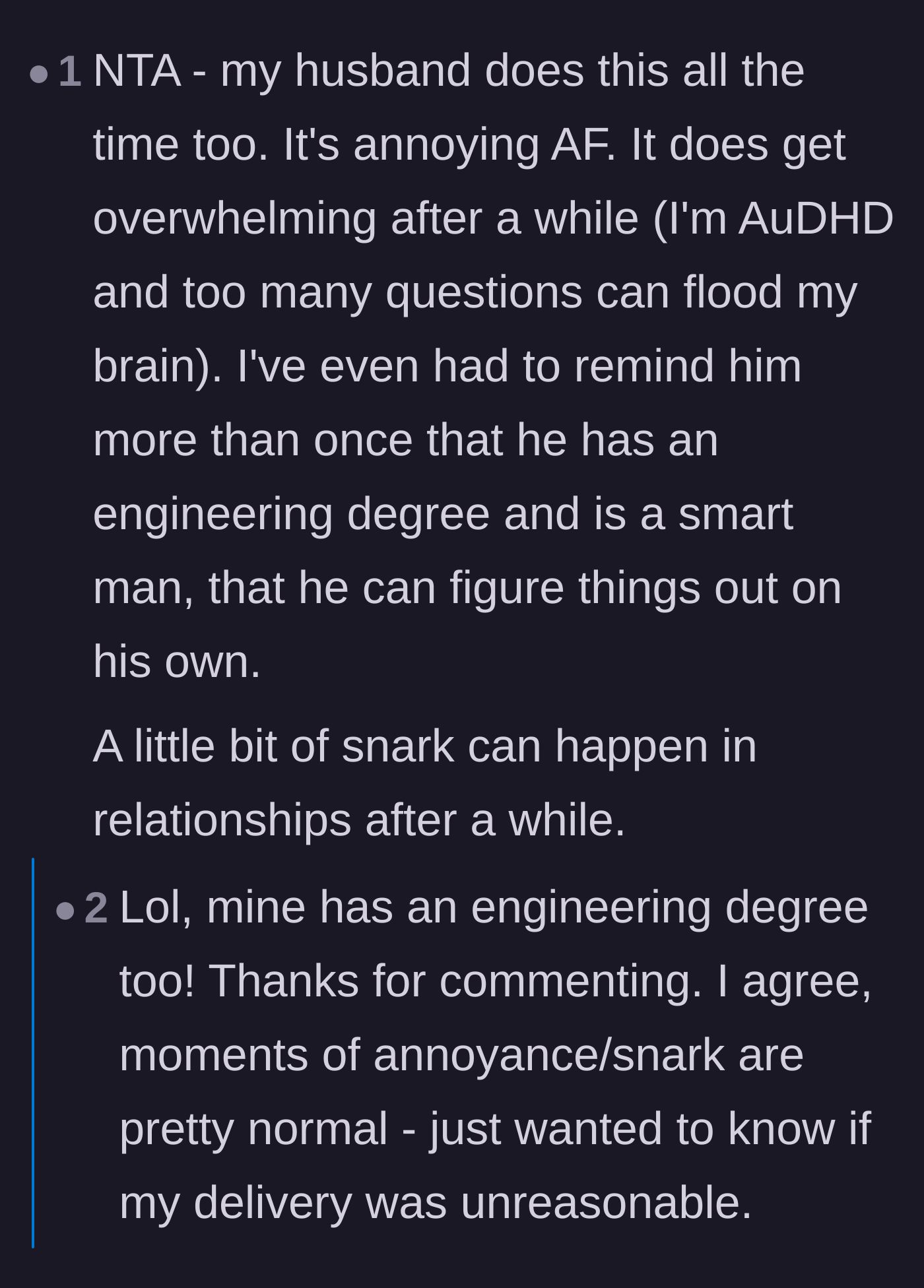 Comment thread 3 - Partners of engineers venting about how their highly educated husbands turn off their problem-solving skills at home.
