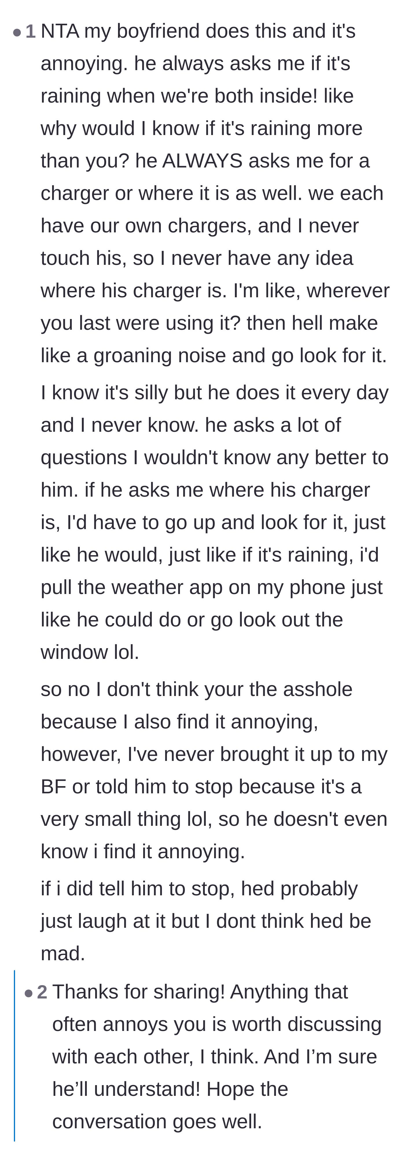 Comment thread 5 - A user complaining about her boyfriend asking if it's raining while they are both inside, but admitting she's never asked him to stop.