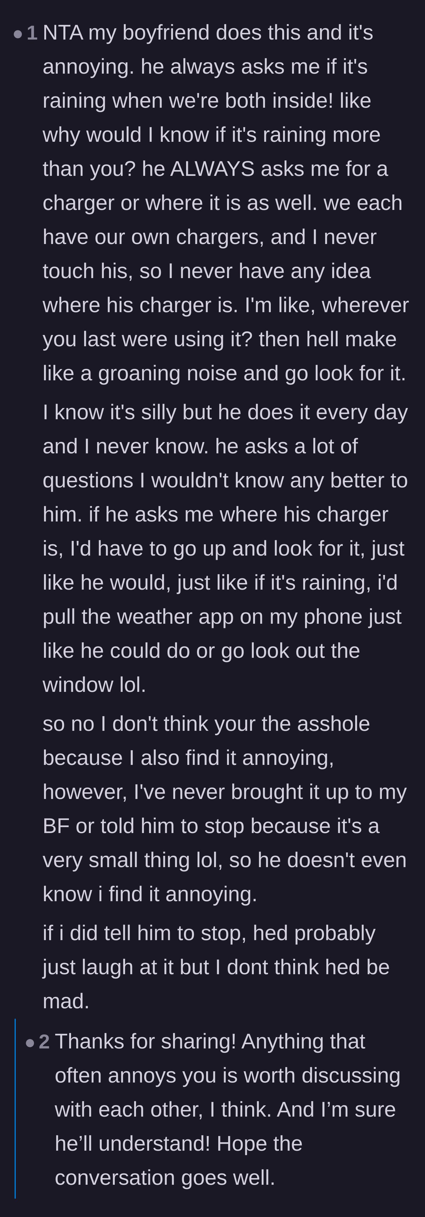 Comment thread 5 - A user complaining about her boyfriend asking if it's raining while they are both inside, but admitting she's never asked him to stop.