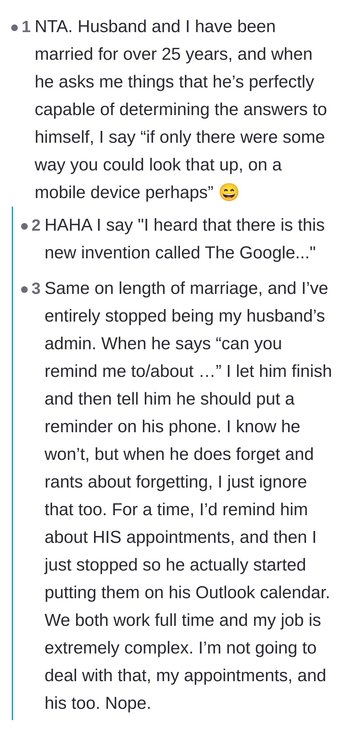 Comment thread 6 - Veteran wives sharing their sarcastic responses to their husbands' weaponized incompetence, including men showing up clueless to the dentist.