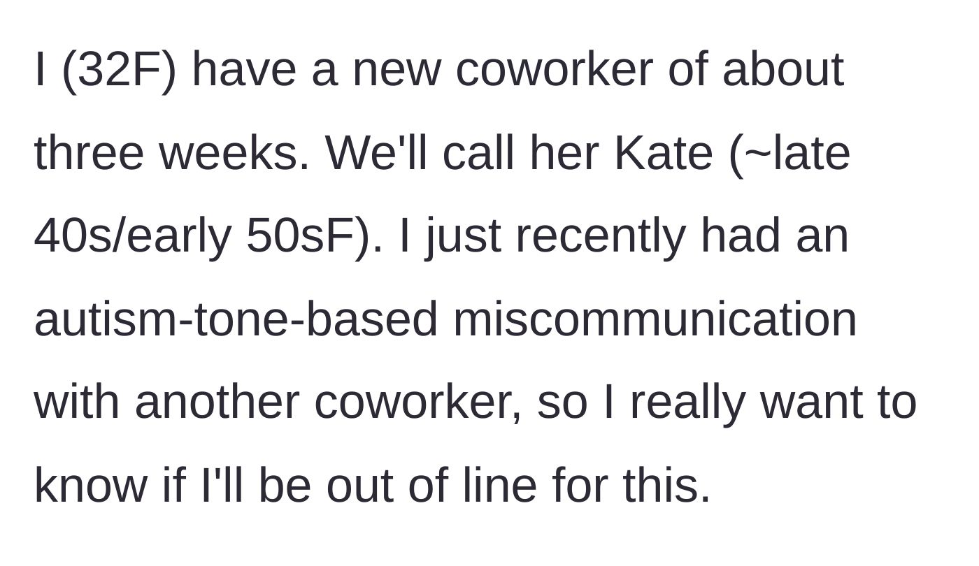 Story part 1 - Main character introduces herself and her new older coworker Kate, mentioning her own autism and fear of workplace miscommunication.