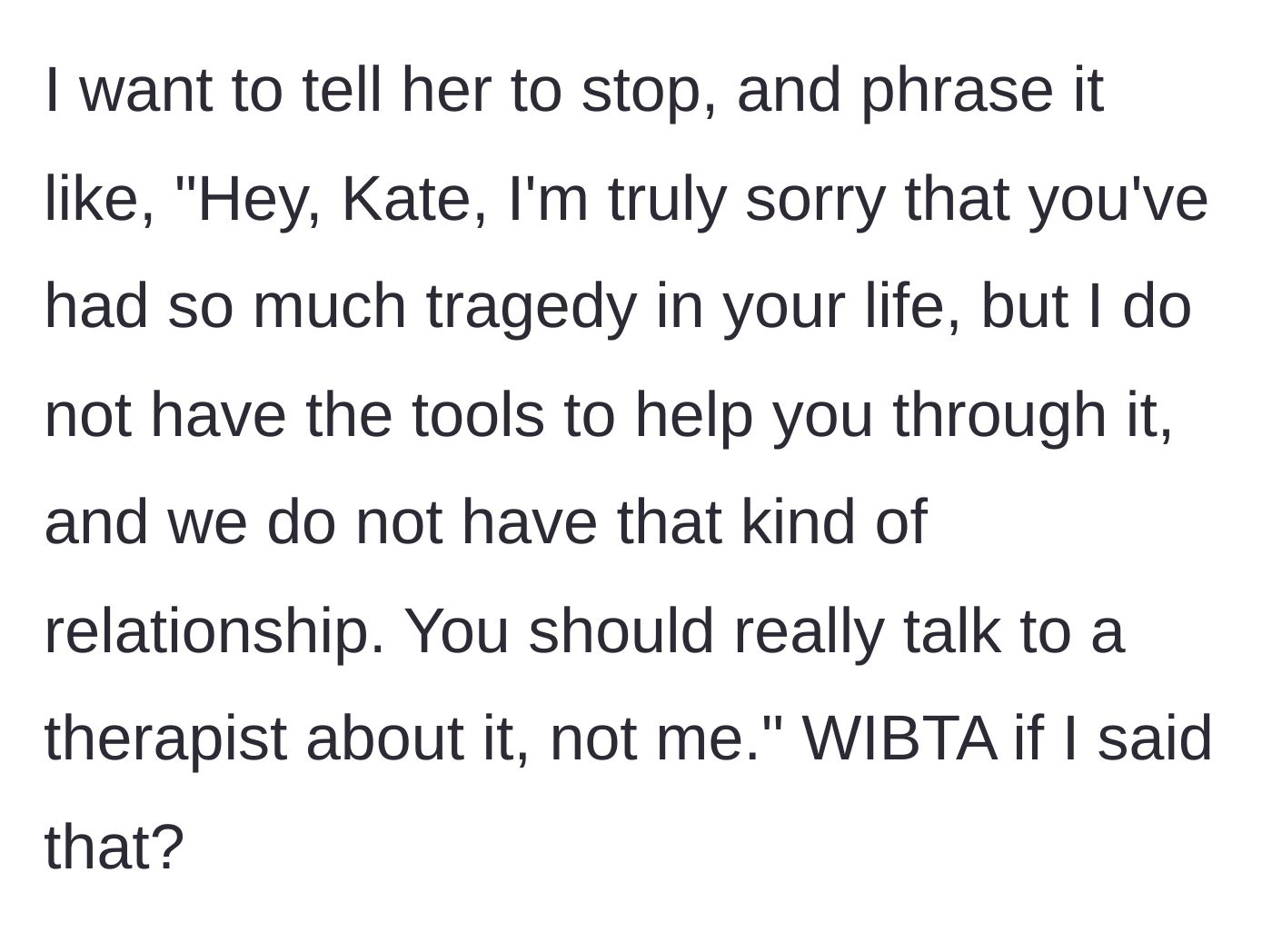 Story part 7 - Main character drafts a polite but firm boundary-setting script and asks if she would be in the wrong to use it.