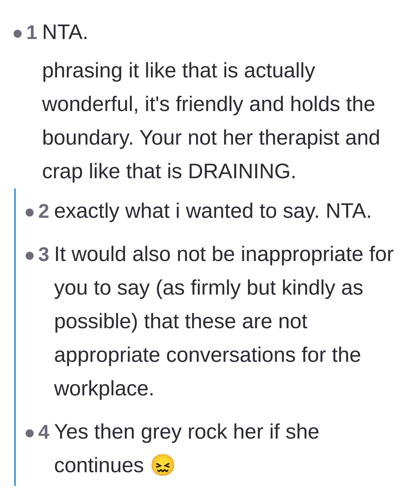 Comment thread 1 - Advice praising the main character's direct and friendly boundary-setting script.