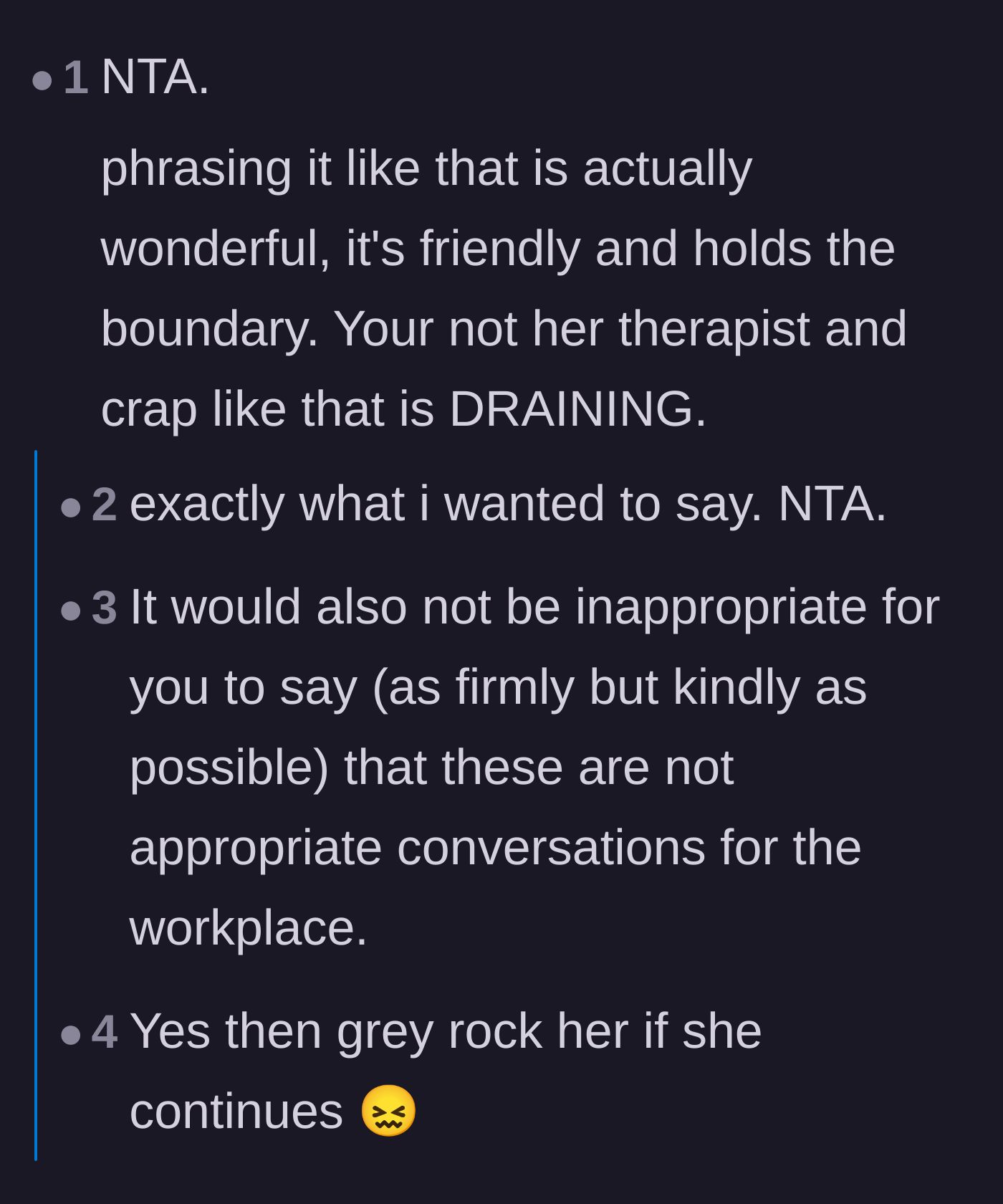 Comment thread 1 - Advice praising the main character's direct and friendly boundary-setting script.