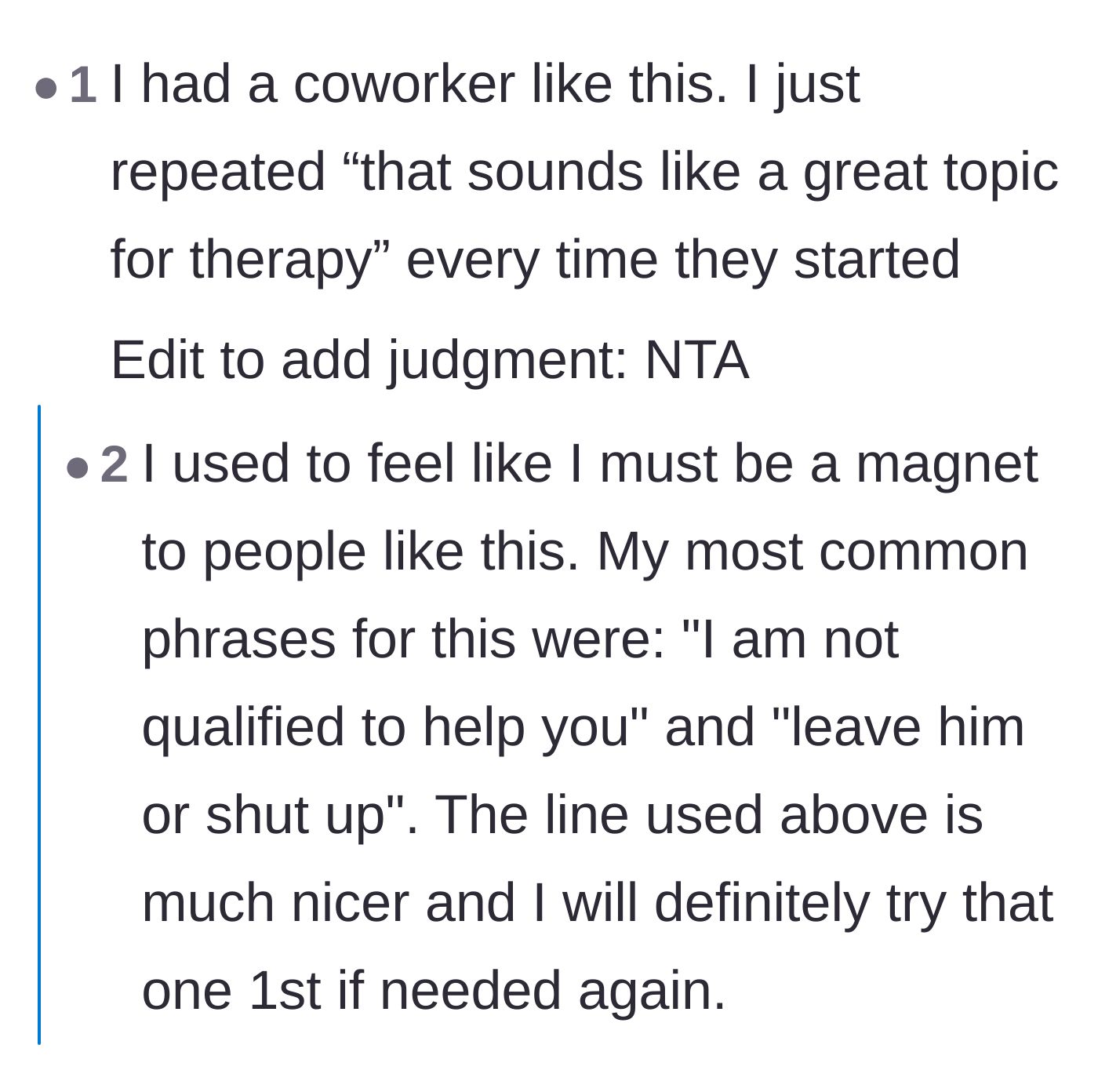 Comment thread 4 - Suggestions to repeatedly recommend therapy or use the grey rock method by giving disengaged responses.