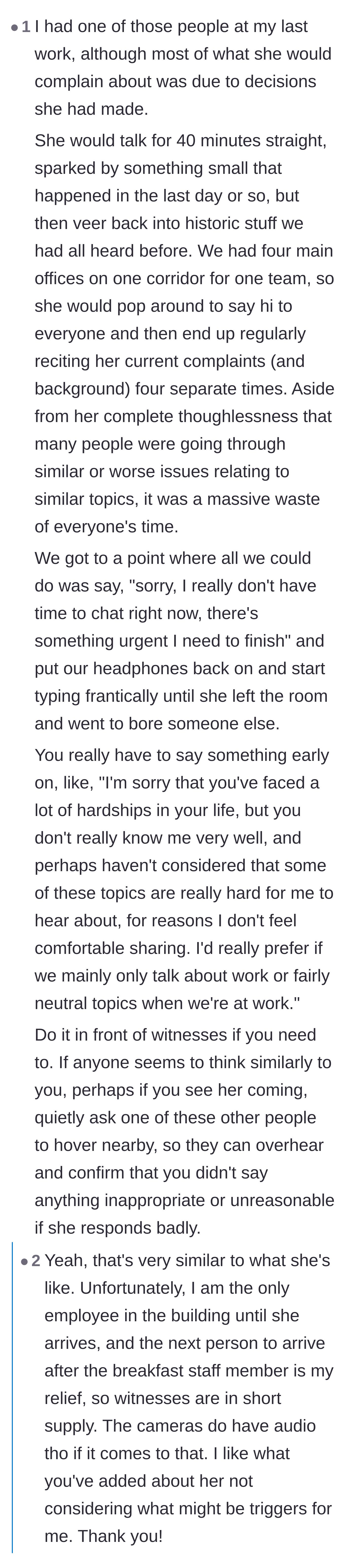 Comment thread 5 - A user shares a similar story about a draining coworker and suggests citing personal triggers to shut the conversation down.