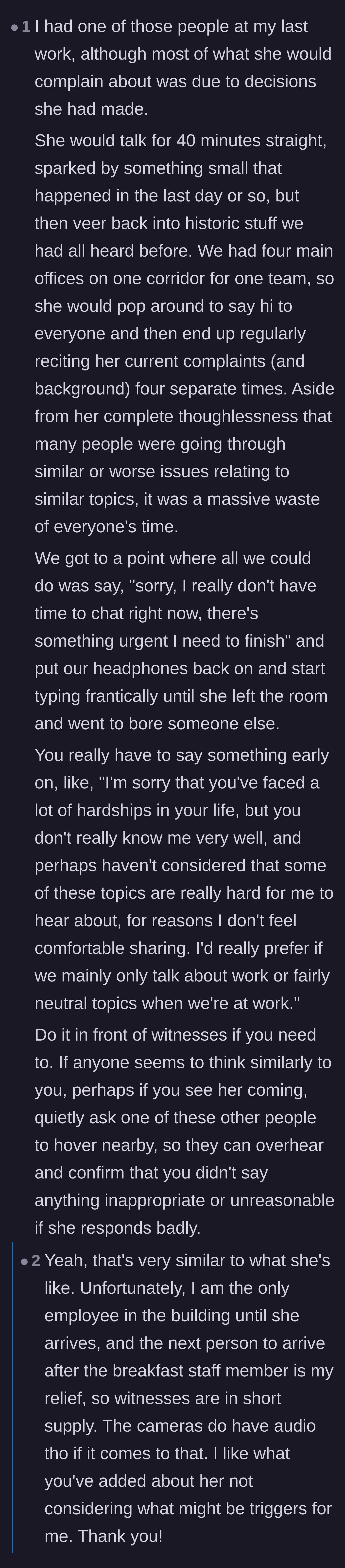 Comment thread 5 - A user shares a similar story about a draining coworker and suggests citing personal triggers to shut the conversation down.