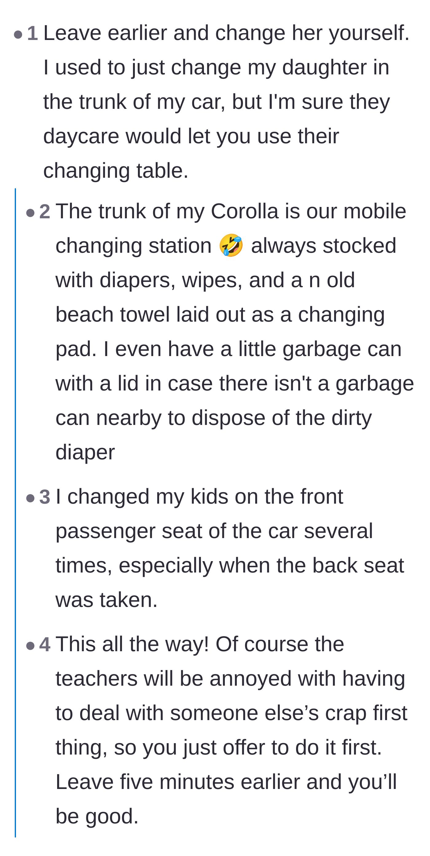 Comment thread 1 - Parents sharing practical tips and hilarious stories about changing diapers in car trunks.