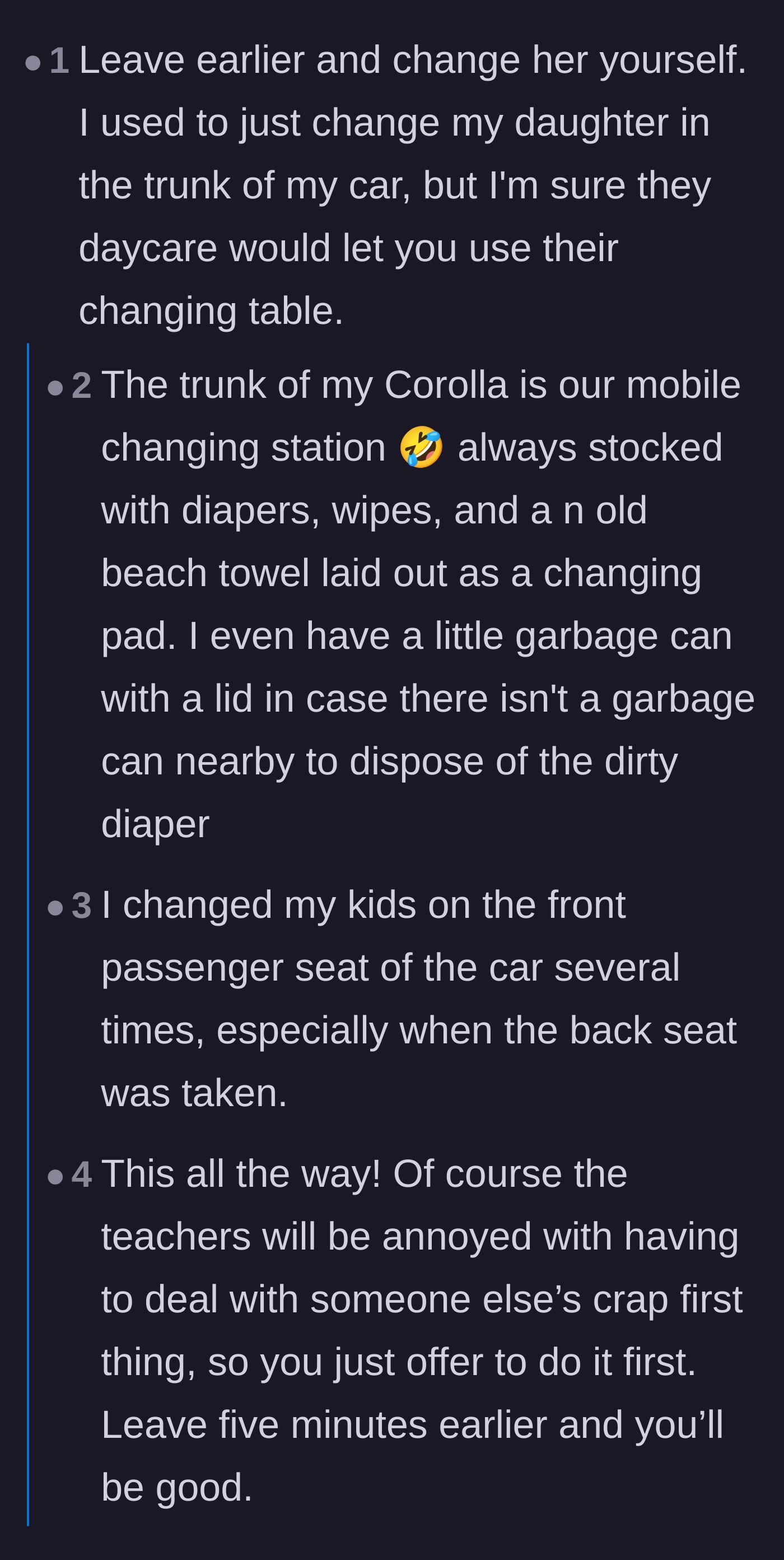 Comment thread 1 - Parents sharing practical tips and hilarious stories about changing diapers in car trunks.