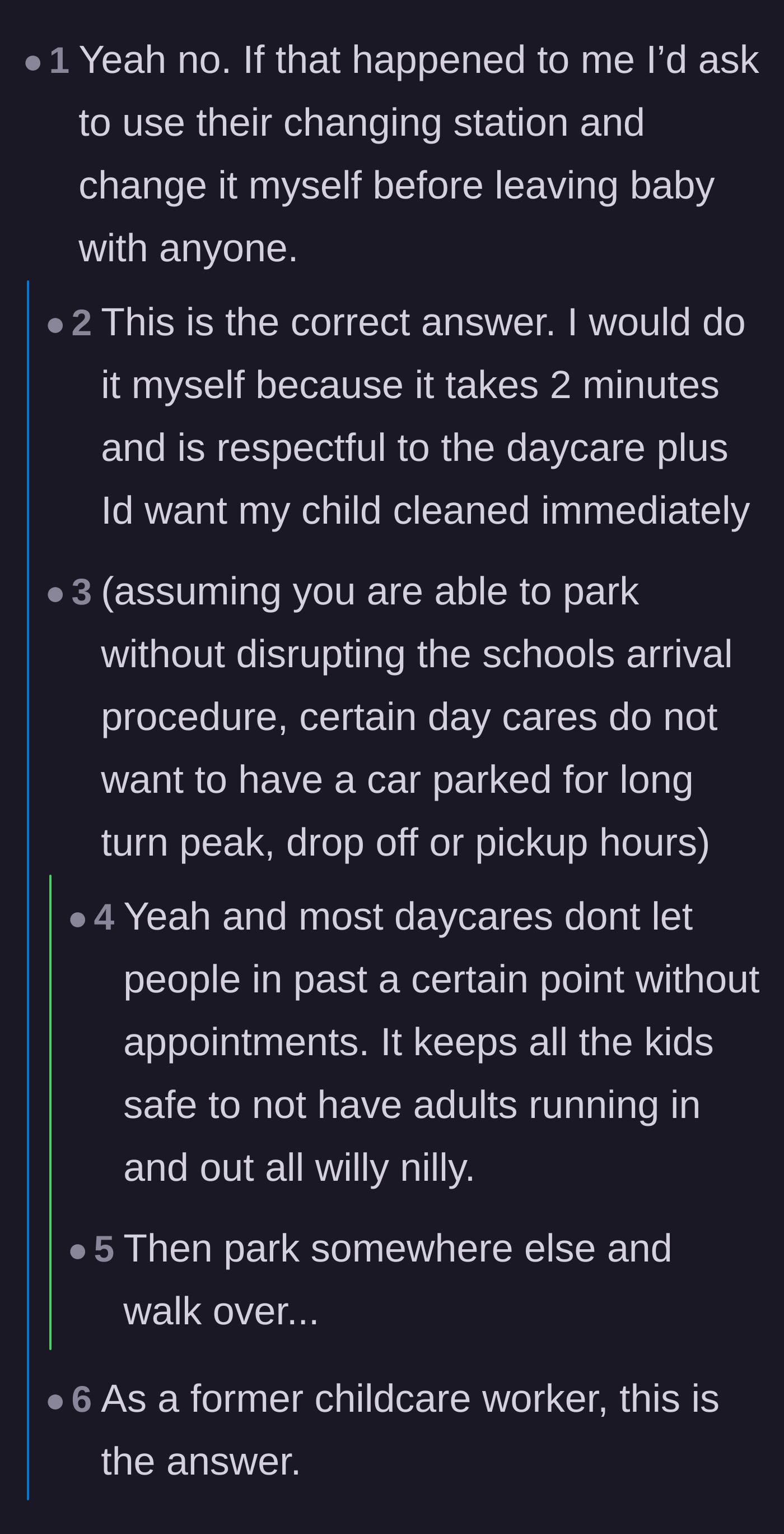 Comment thread 2 - A debate on whether to use the daycare's changing station yourself before leaving.
