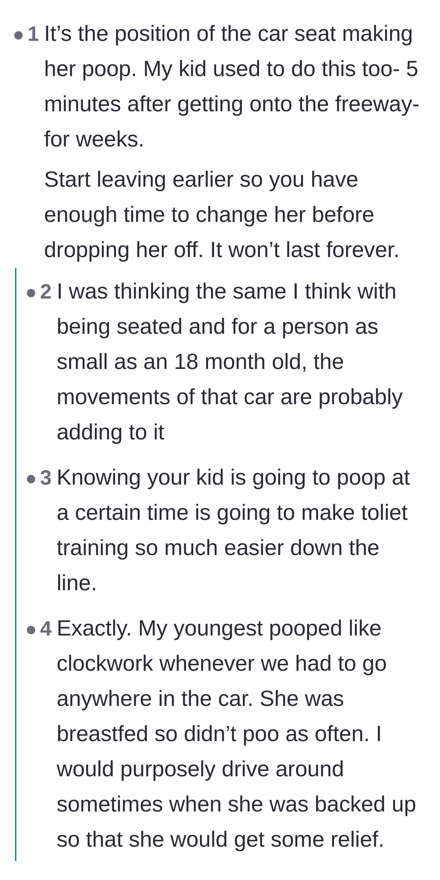 Comment thread 4 - Discussions about how the car seat position triggers bowel movements and how it helps with potty training.