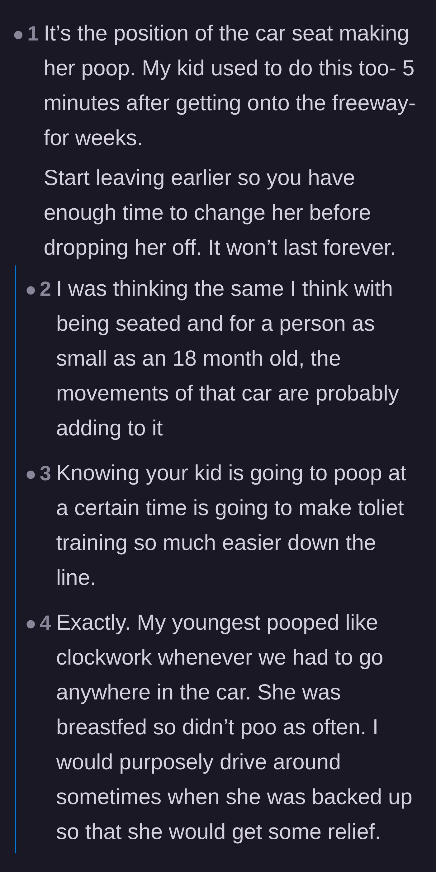 Comment thread 4 - Discussions about how the car seat position triggers bowel movements and how it helps with potty training.