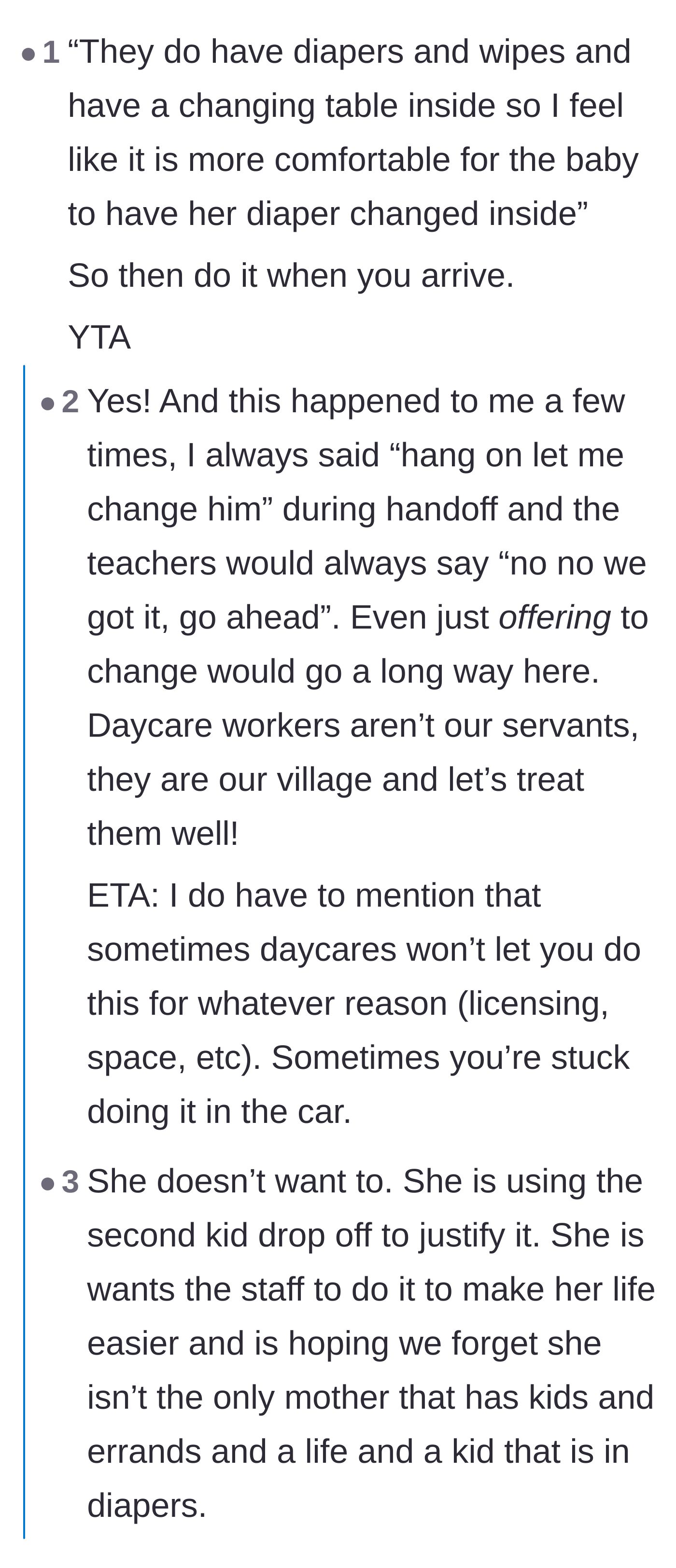 Comment thread 5 - Commenters tearing apart the mom's excuse that the daycare table is 'more comfortable' for the baby.