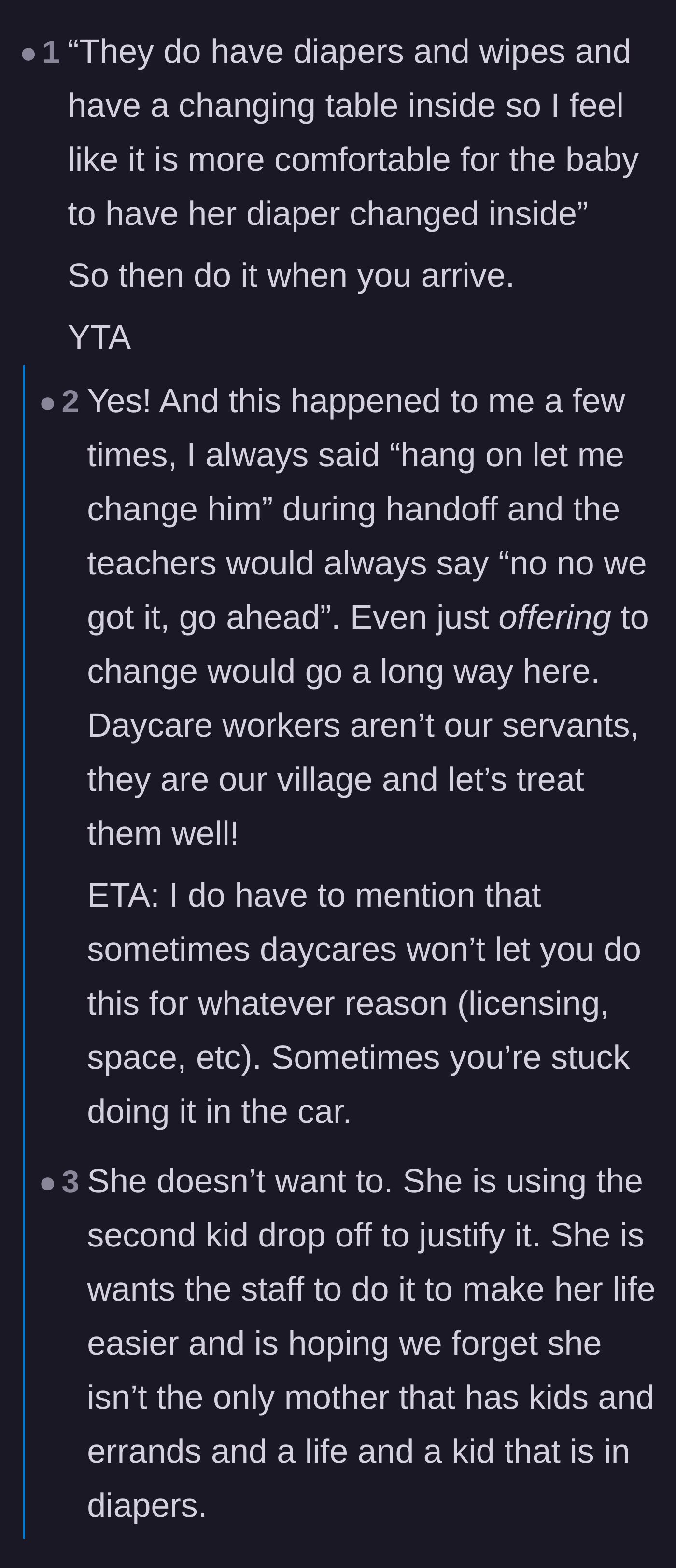 Comment thread 5 - Commenters tearing apart the mom's excuse that the daycare table is 'more comfortable' for the baby.
