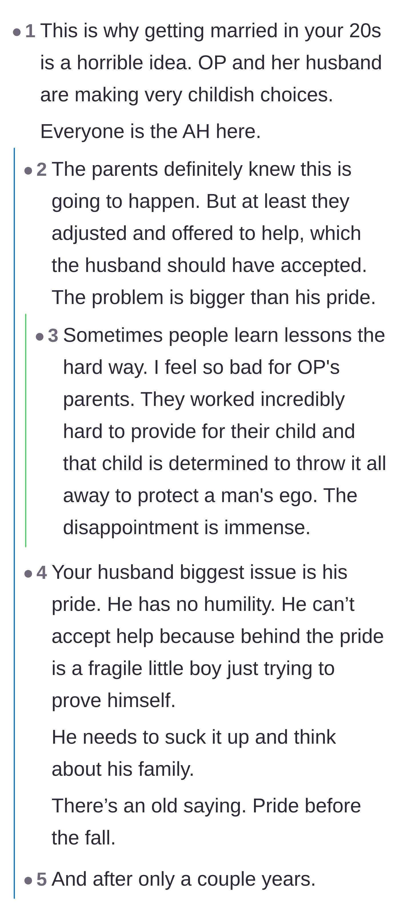 Comment thread 1 - Debate over whether the husband's pride is destroying his family or protecting them from controlling in-laws.