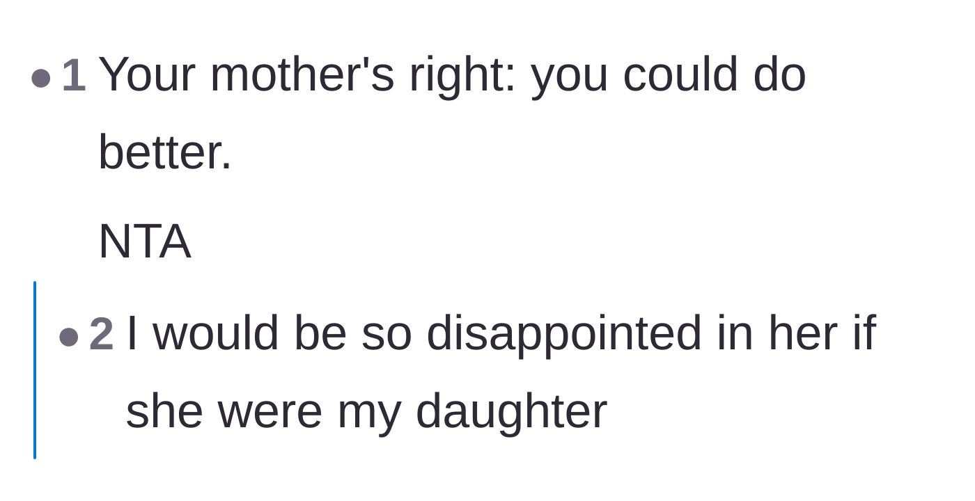 Comment thread 3 - Discussion agreeing with the mother's assessment that the wife could do better due to their massive gap in fundamental values.