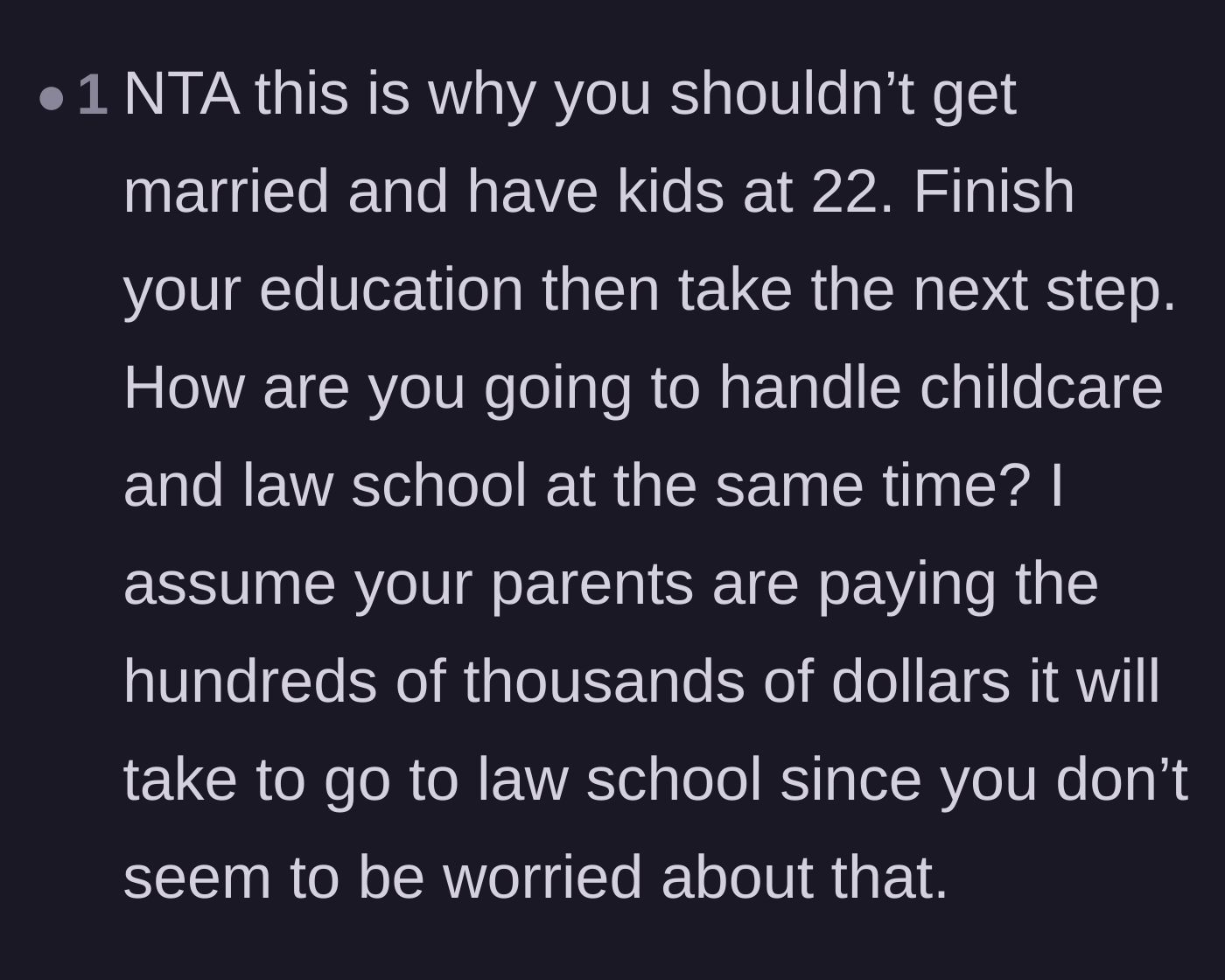 Comment thread 4 - Criticism of the couple's choice to marry and have a child at twenty-two without a sustainable childcare or career plan.