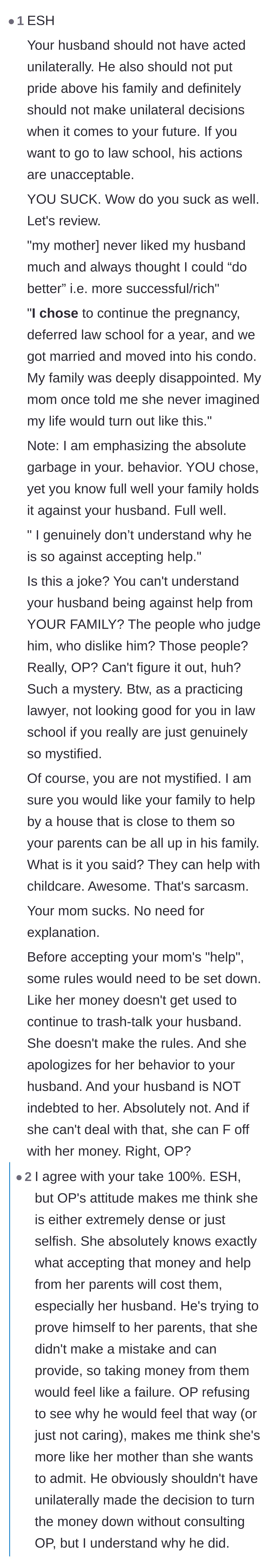 Comment thread 5 - A massive debate declaring everyone at fault, specifically calling out the wife's naivety about the toxic strings attached to her parents' money.