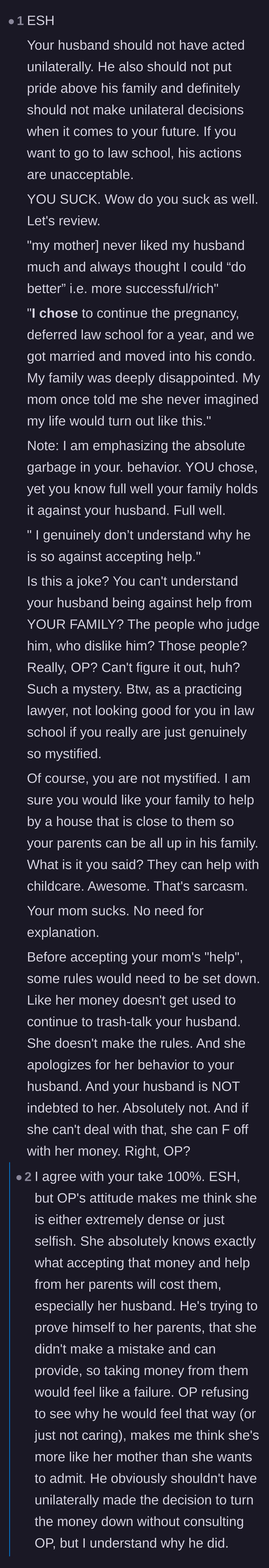 Comment thread 5 - A massive debate declaring everyone at fault, specifically calling out the wife's naivety about the toxic strings attached to her parents' money.
