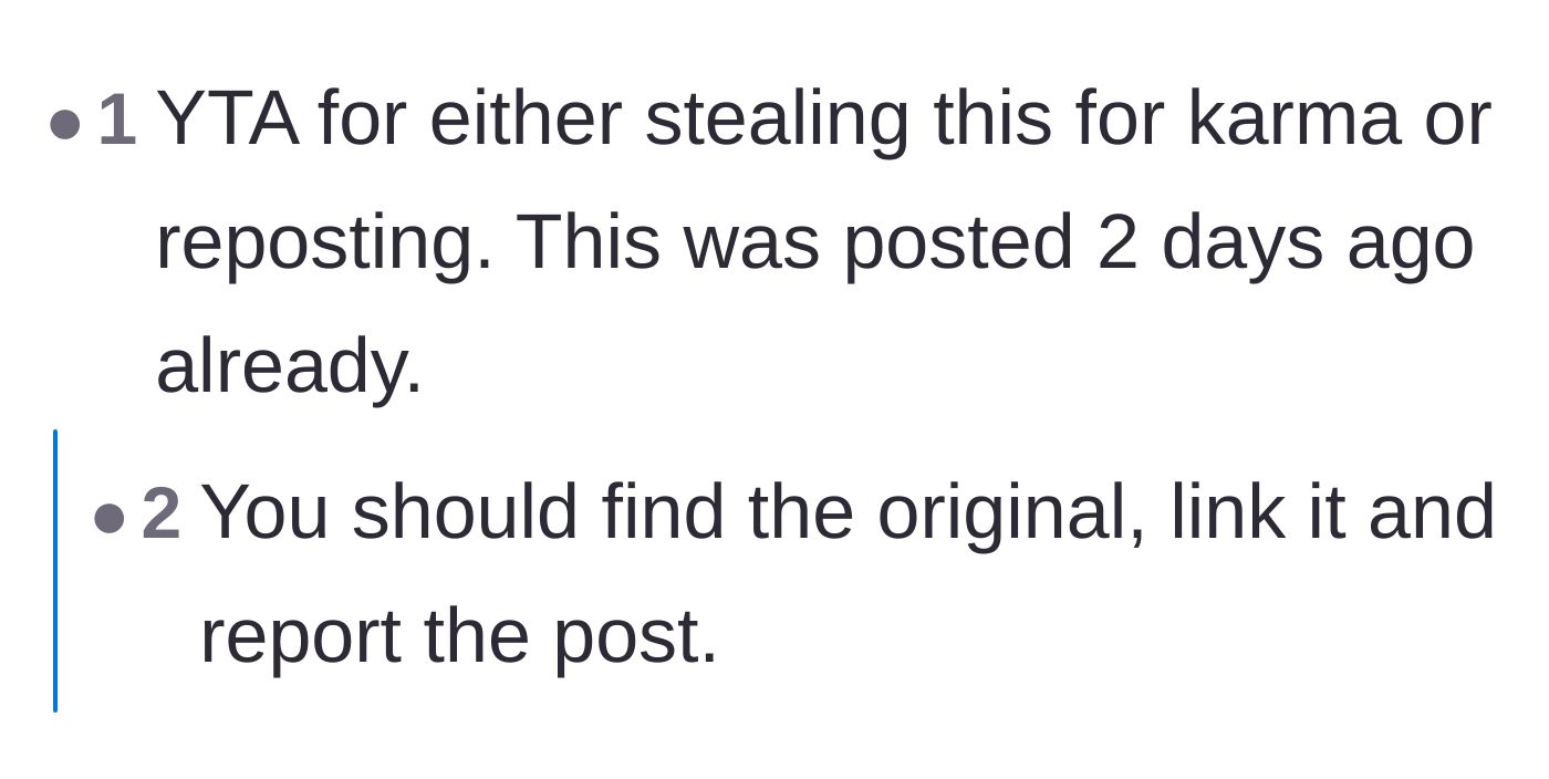 Comment thread 6 - A user accusing the original poster of stealing the story for internet points.