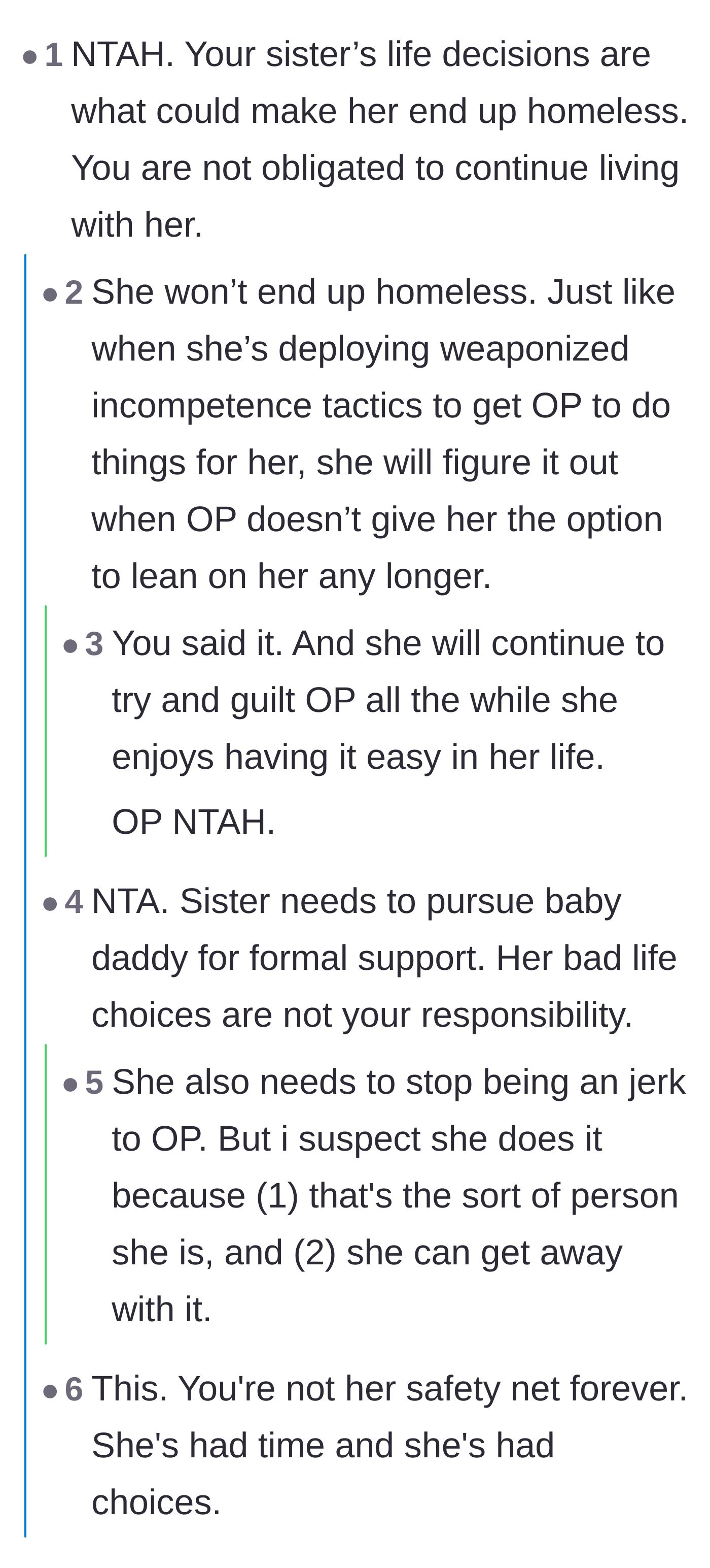 Comment thread 1 - Readers point out that the sister will figure things out once the safety net is gone and her weaponized incompetence stops working.