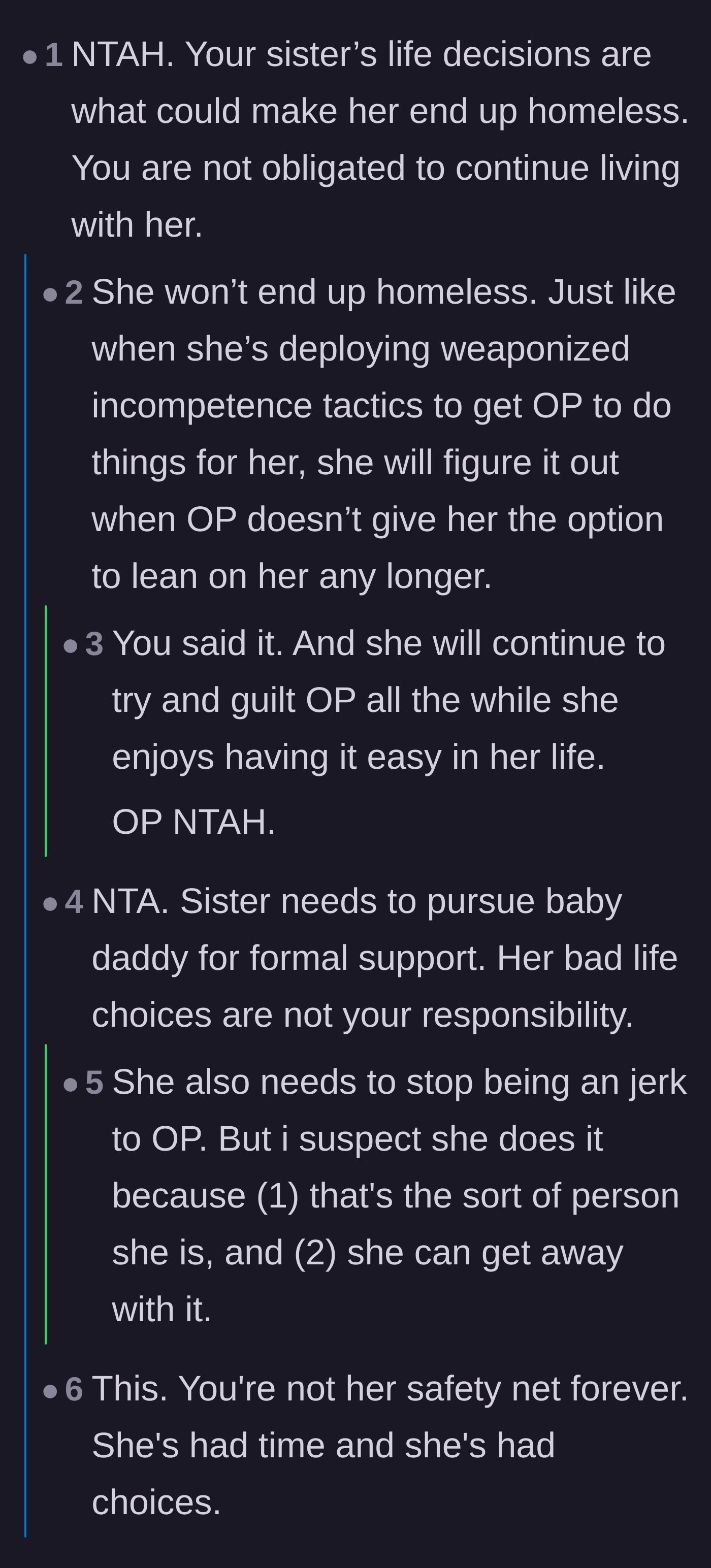 Comment thread 1 - Readers point out that the sister will figure things out once the safety net is gone and her weaponized incompetence stops working.