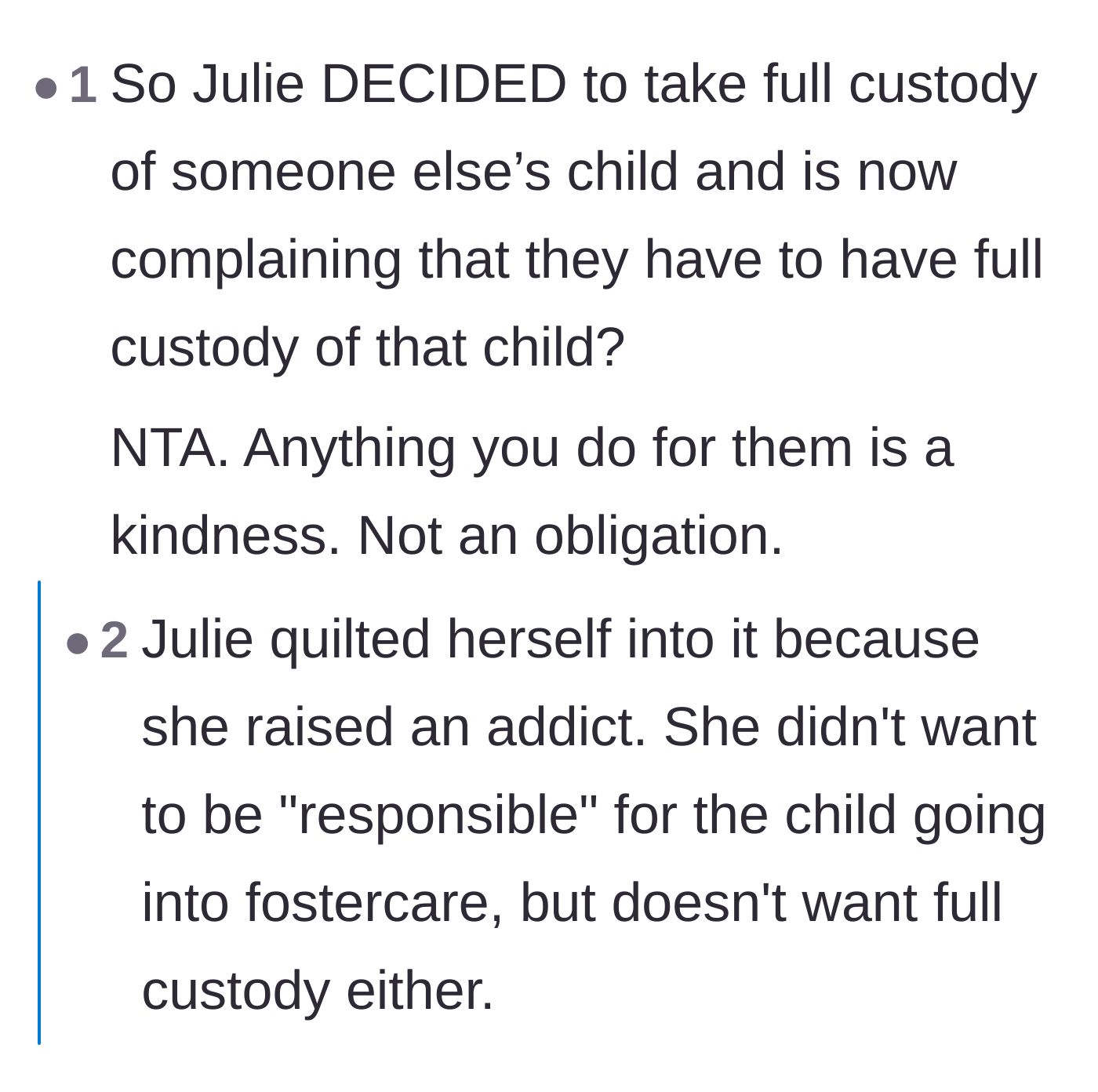 Comment thread 2 - Analyzing the sister's complex motivations and guilt around taking custody of the child