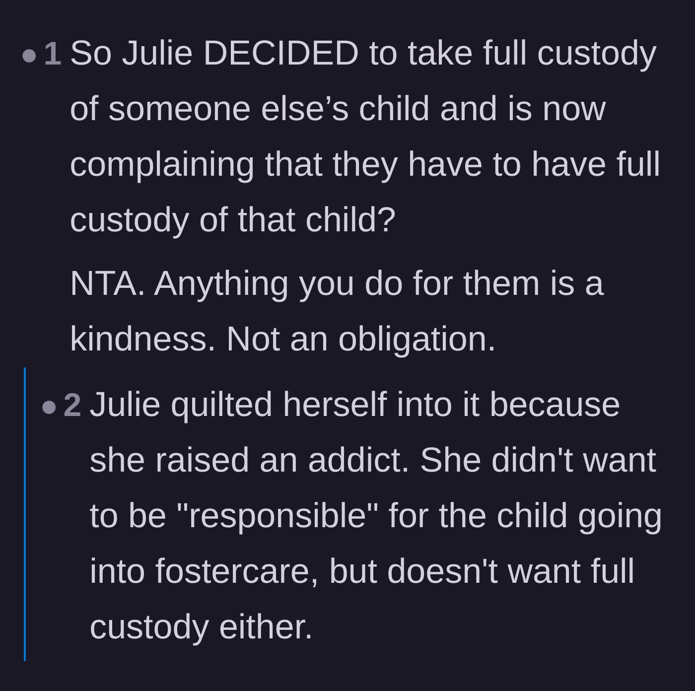 Comment thread 2 - Analyzing the sister's complex motivations and guilt around taking custody of the child