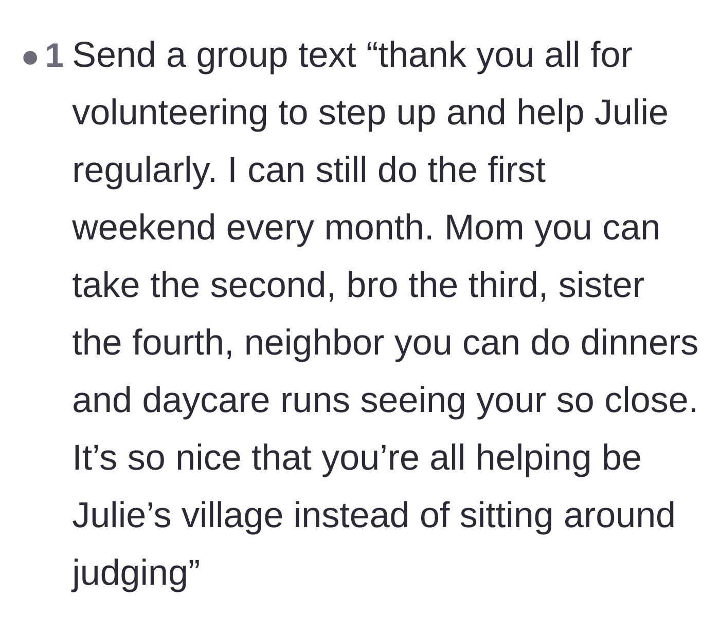 Comment thread 4 - Suggesting a group text to assign babysitting shifts to the complaining relatives
