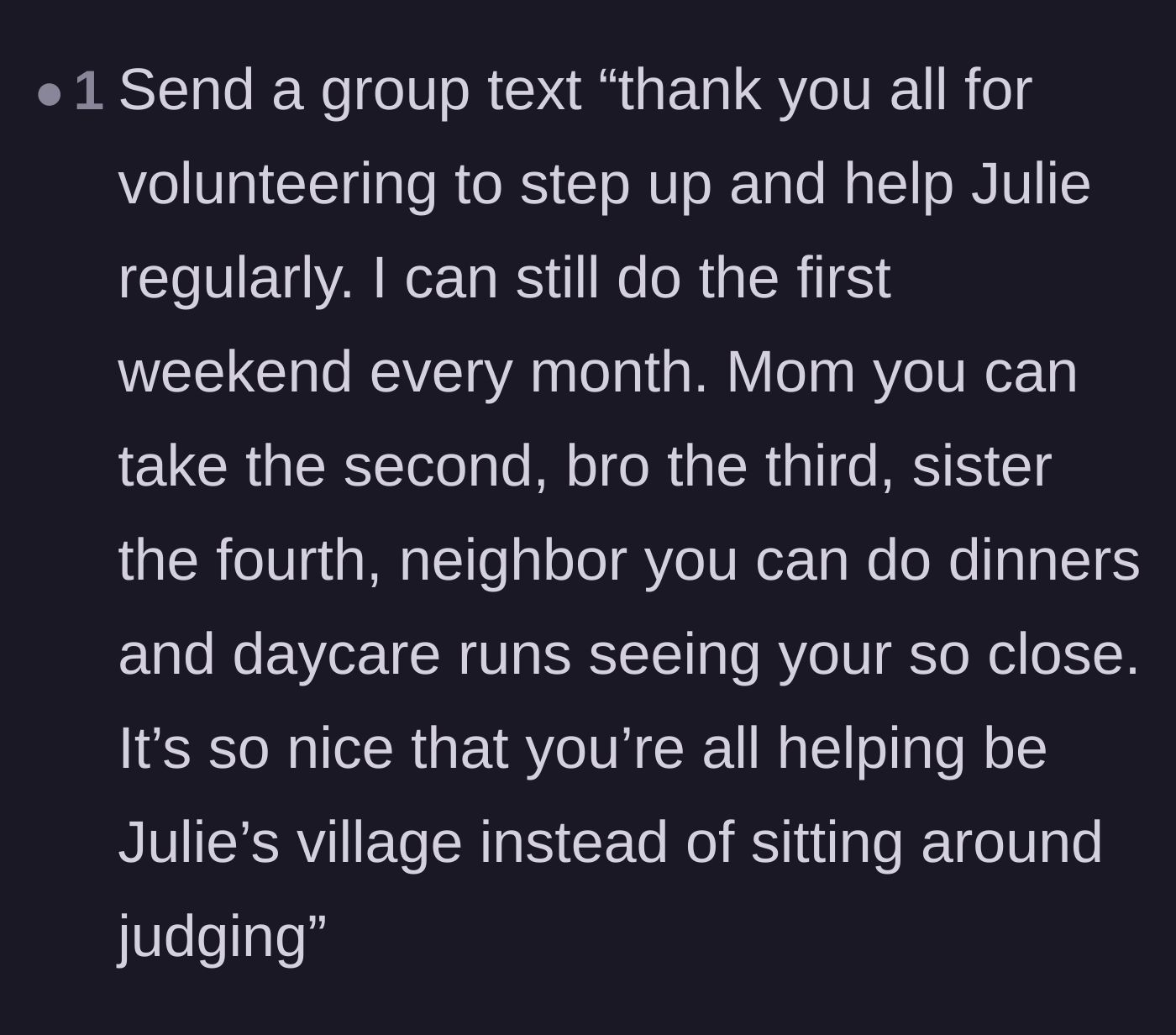 Comment thread 4 - Suggesting a group text to assign babysitting shifts to the complaining relatives