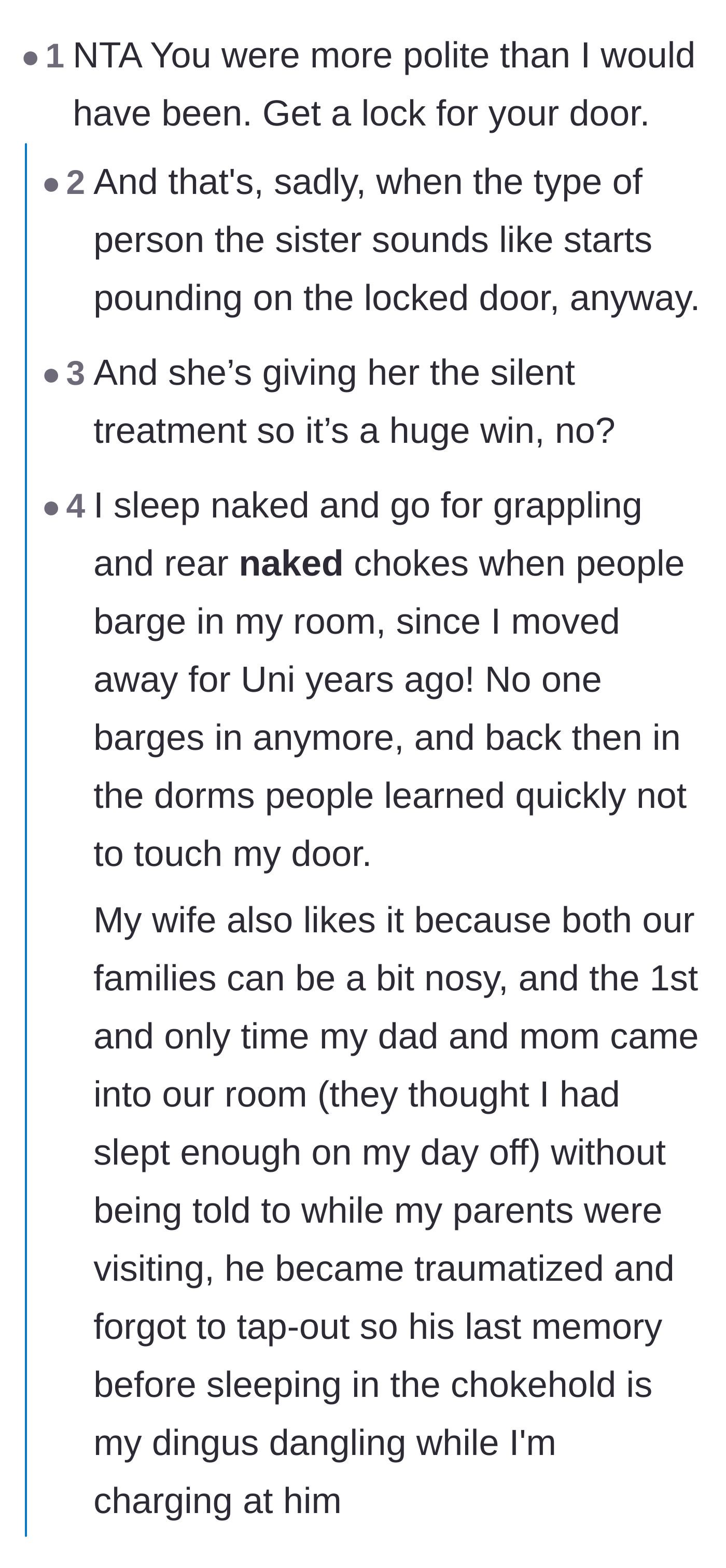 Comment thread 1 - Advice on locking doors that escalates into a hilarious story about a commenter using a chokehold on his intrusive dad.