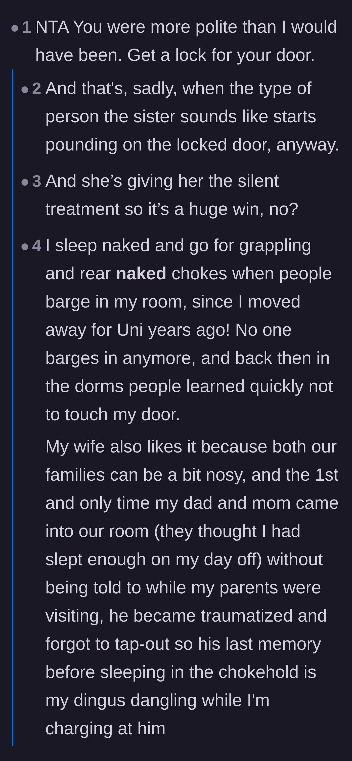 Comment thread 1 - Advice on locking doors that escalates into a hilarious story about a commenter using a chokehold on his intrusive dad.