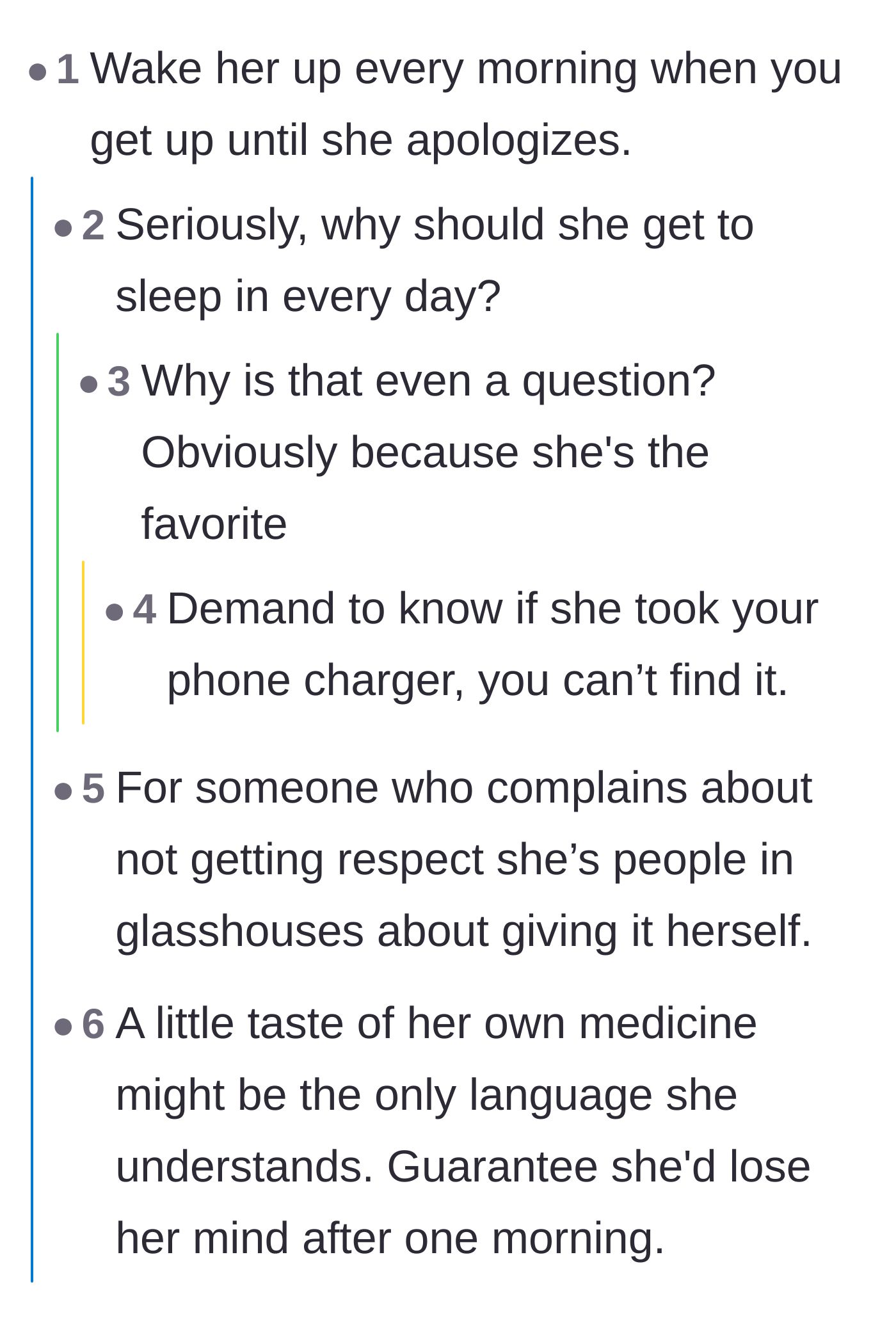 Comment thread 2 - Commenters plotting petty revenge by suggesting the brother wake his sister up early every morning.