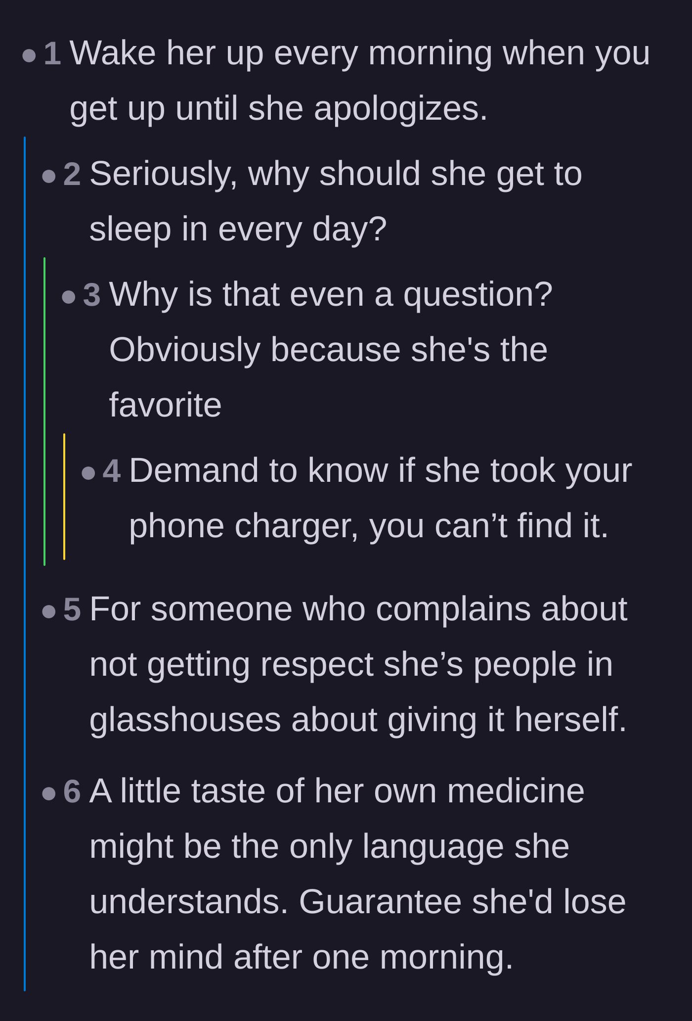 Comment thread 2 - Commenters plotting petty revenge by suggesting the brother wake his sister up early every morning.