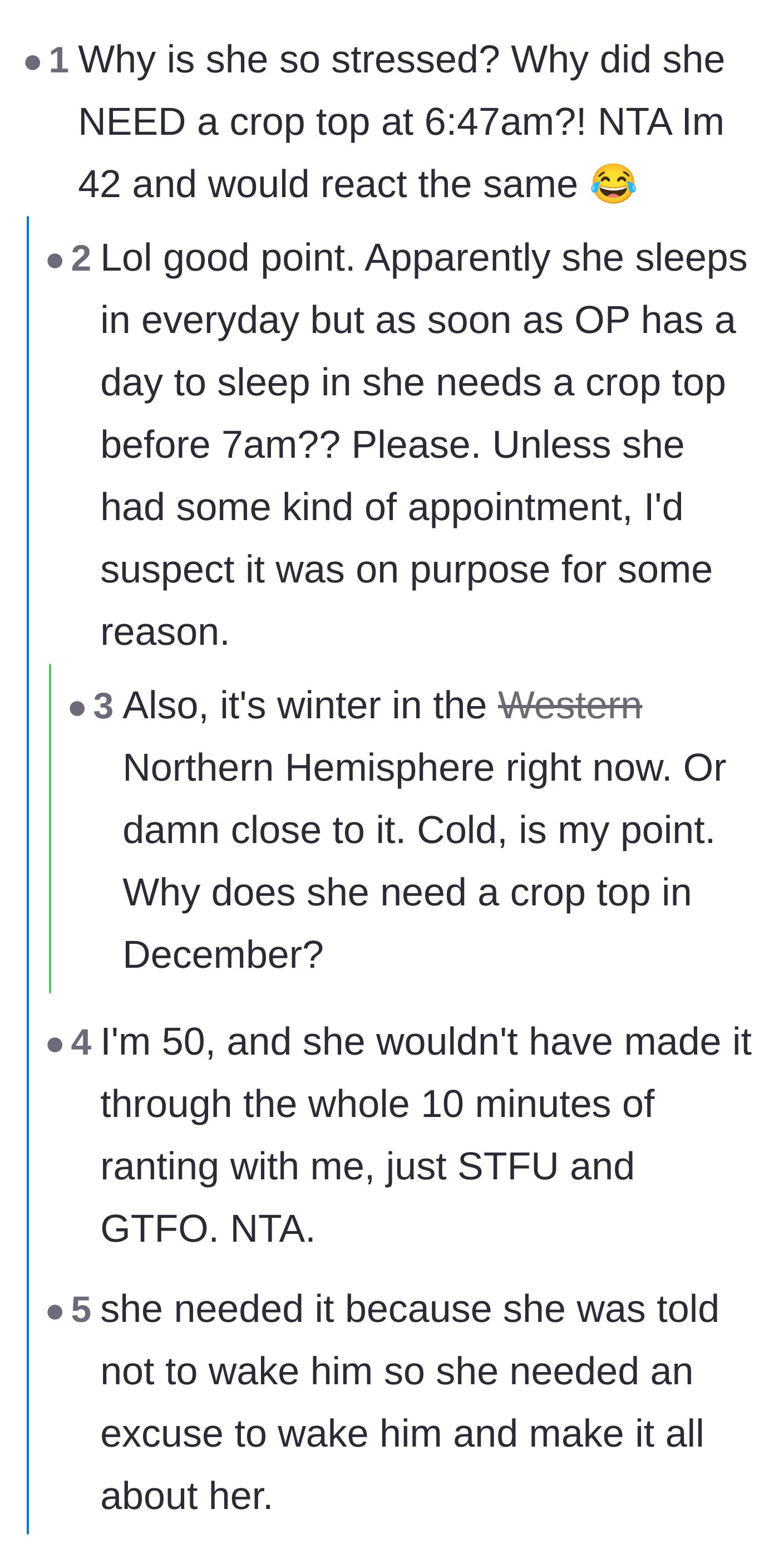 Comment thread 3 - A debate analyzing the bizarre logistics of needing a crop top before 7 AM during winter.