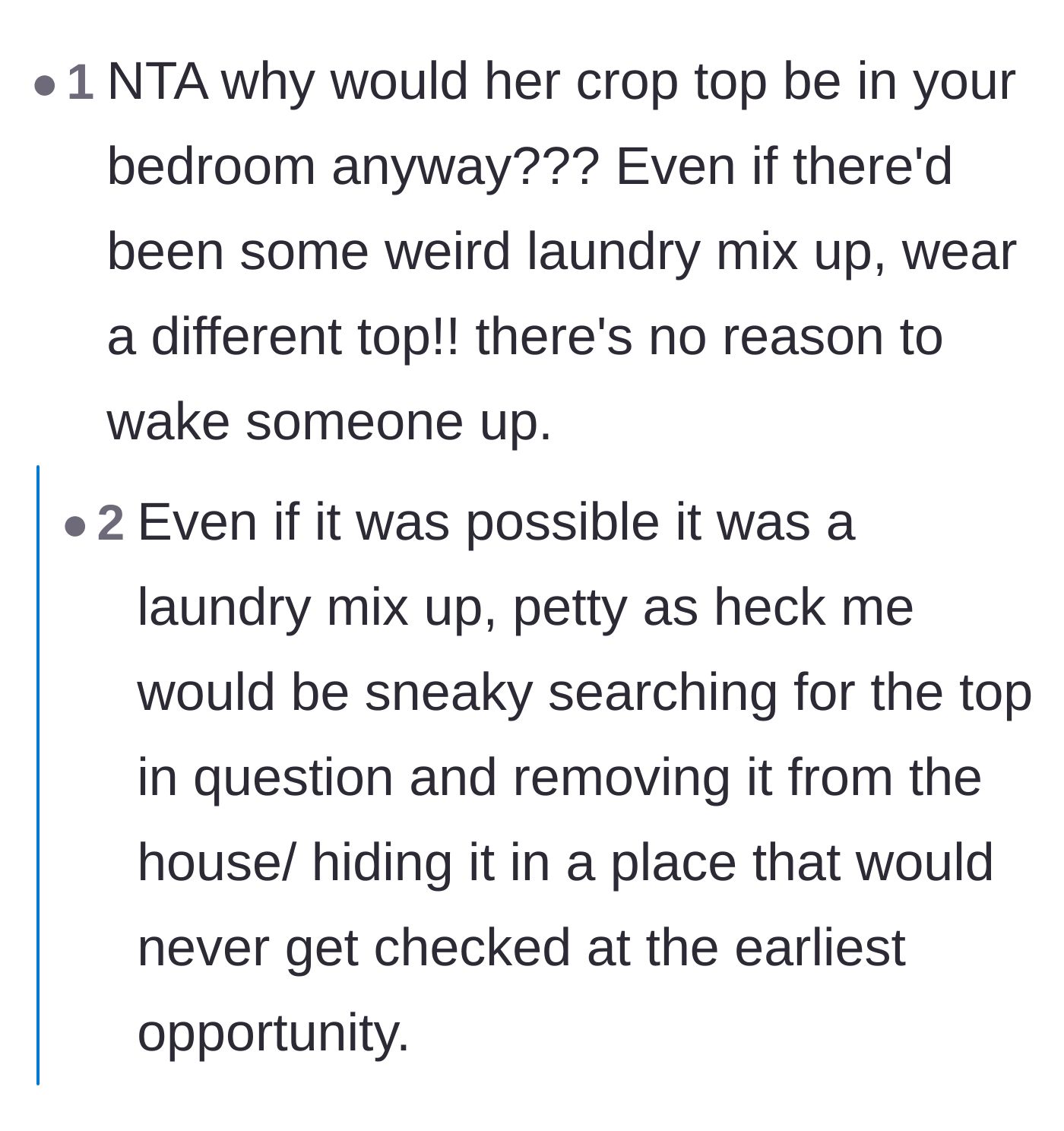 Comment thread 6 - Questioning the bizarre logic of searching a teenage brother's room for women's clothing.