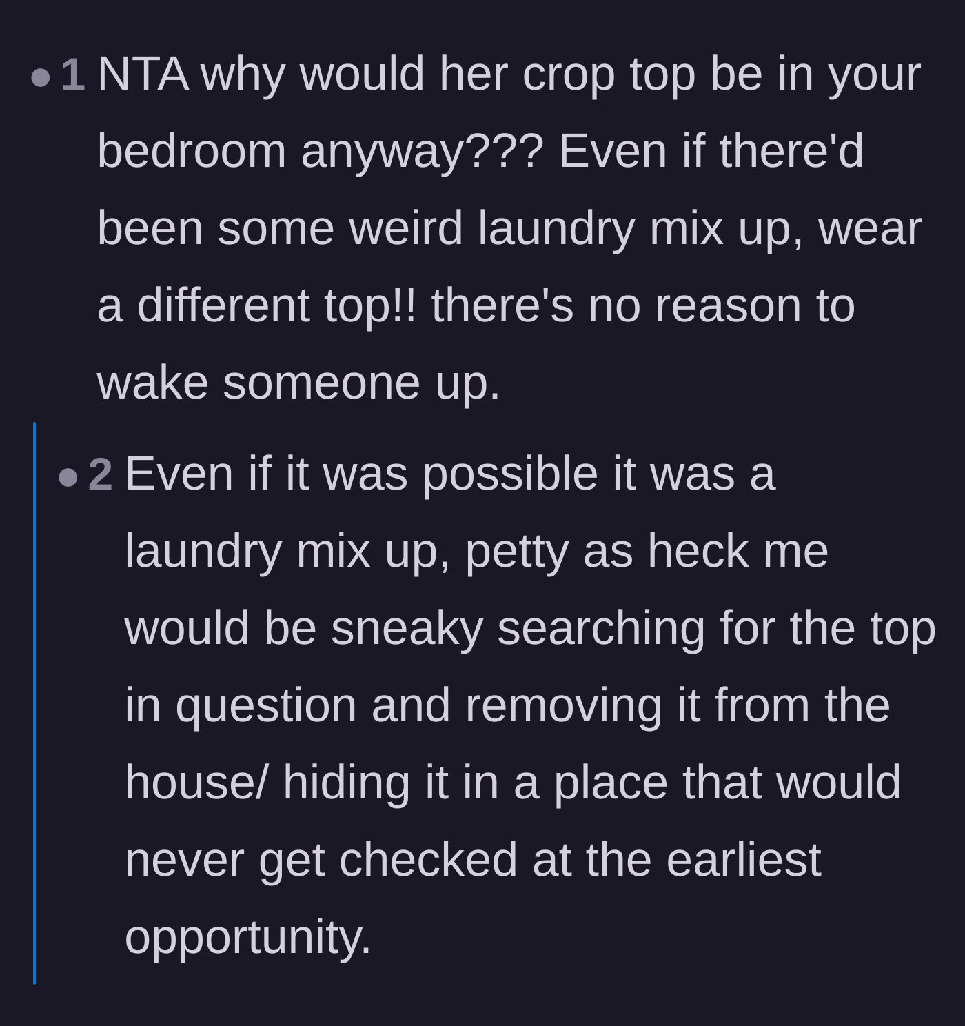 Comment thread 6 - Questioning the bizarre logic of searching a teenage brother's room for women's clothing.