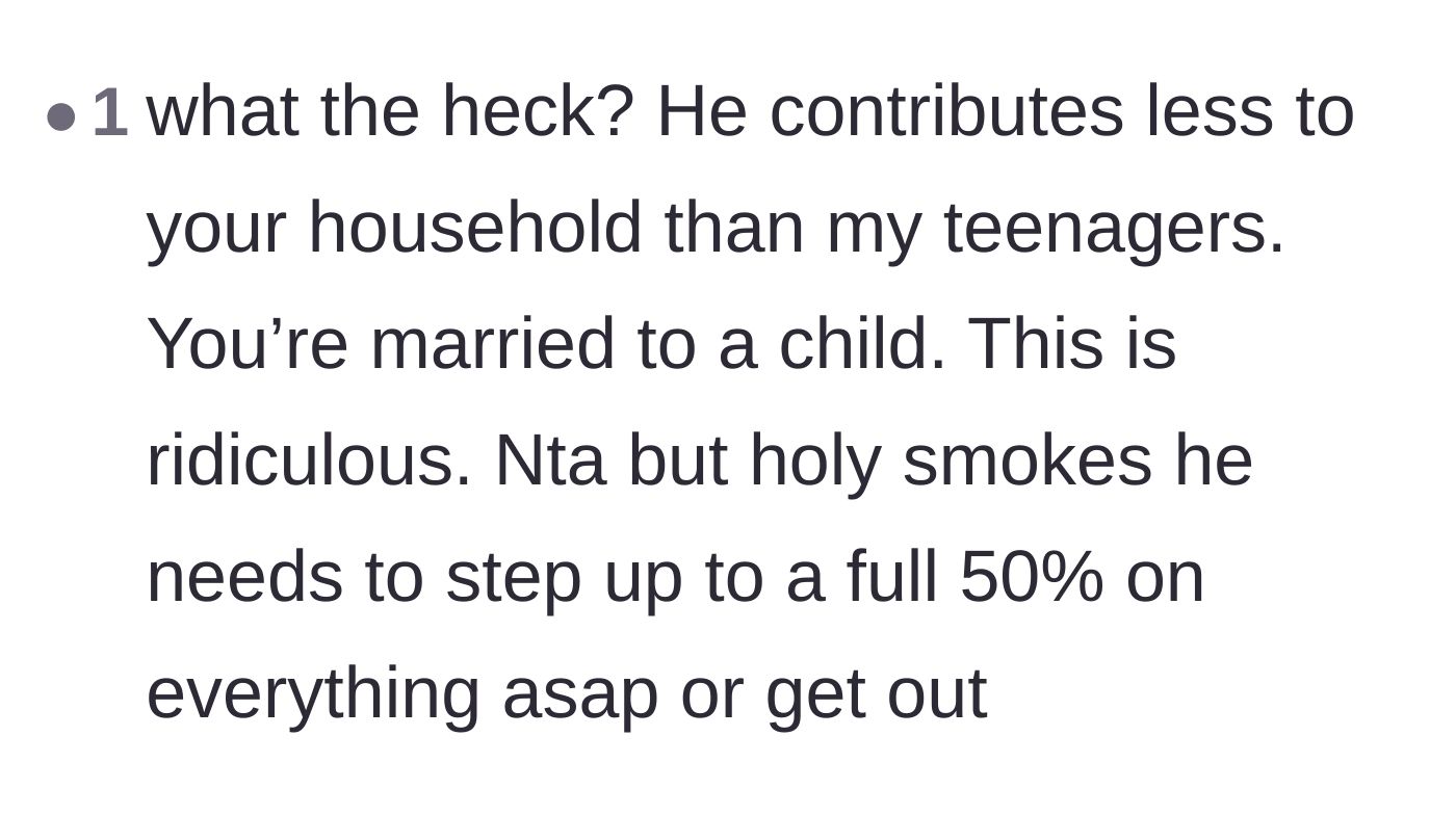 Comment thread 1 - A reader comparing the husband's household contributions unfavorably to those of an average teenager.