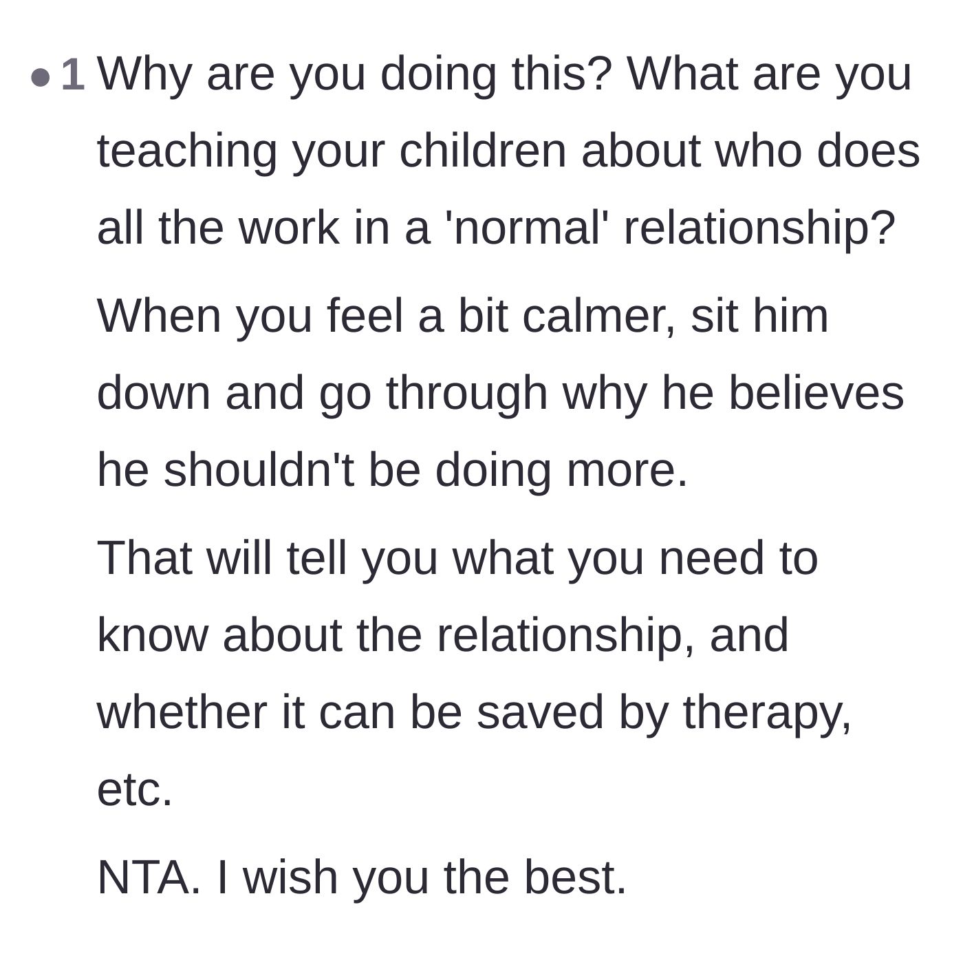 Comment thread 2 - A user pointing out the terrible precedent this dynamic sets for the couple's children.