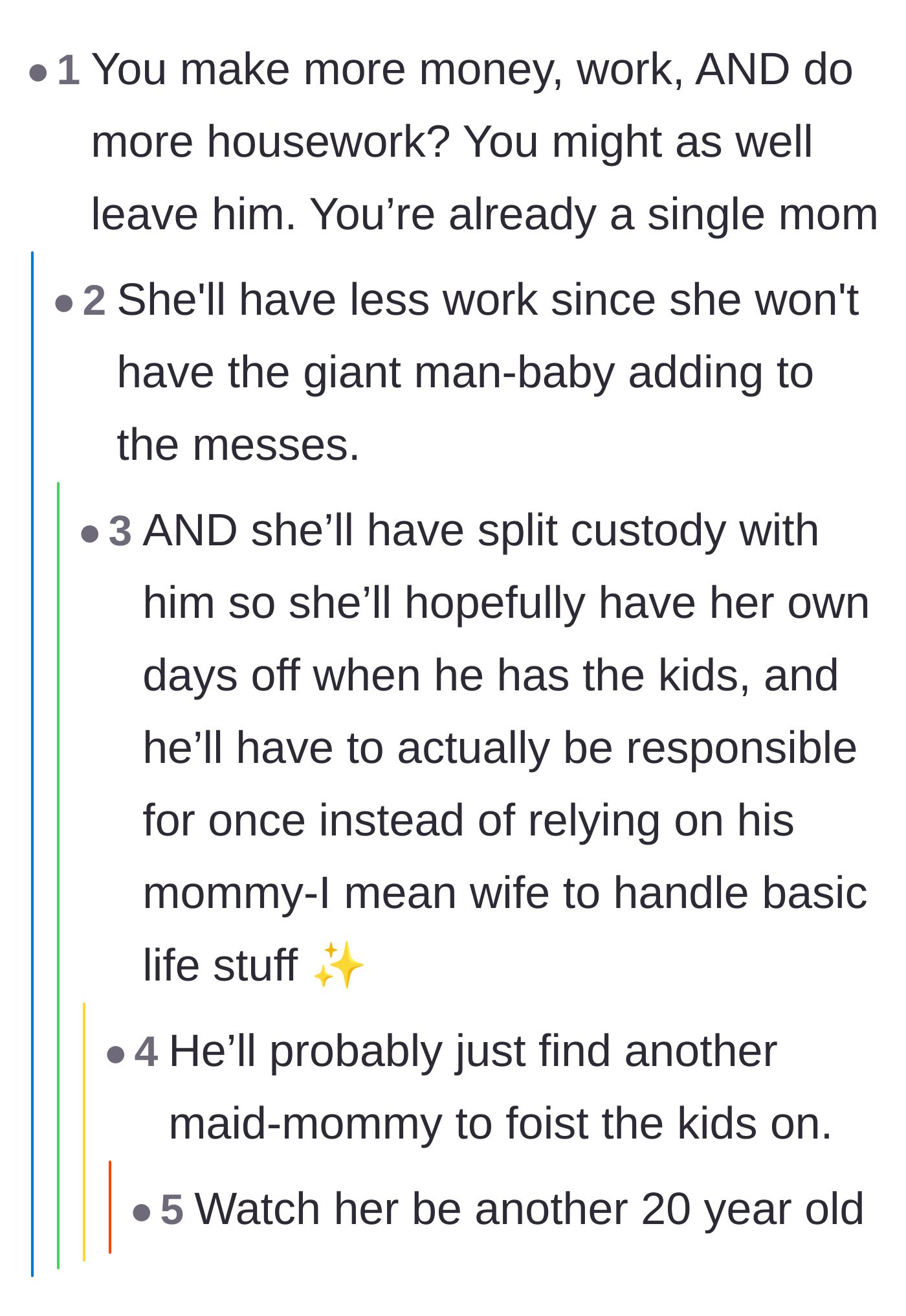 Comment thread 3 - A thread analyzing how divorcing him would actually reduce her workload and grant her mandatory days off.