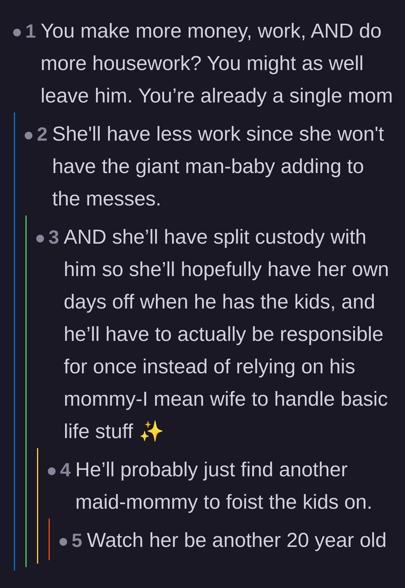 Comment thread 3 - A thread analyzing how divorcing him would actually reduce her workload and grant her mandatory days off.