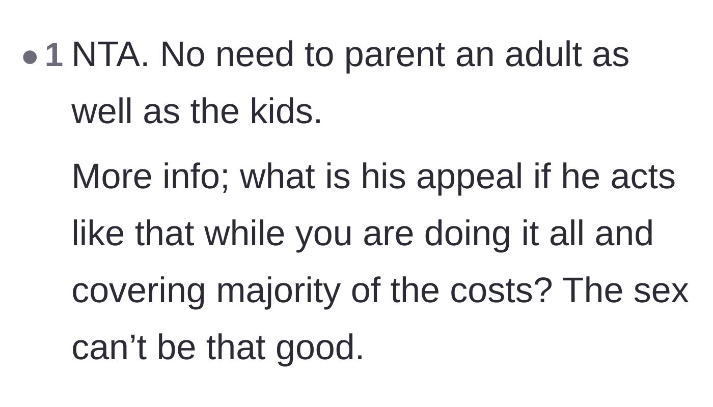 Comment thread 4 - A commenter bluntly questioning what the husband brings to the table if he doesn't provide money or domestic labor.