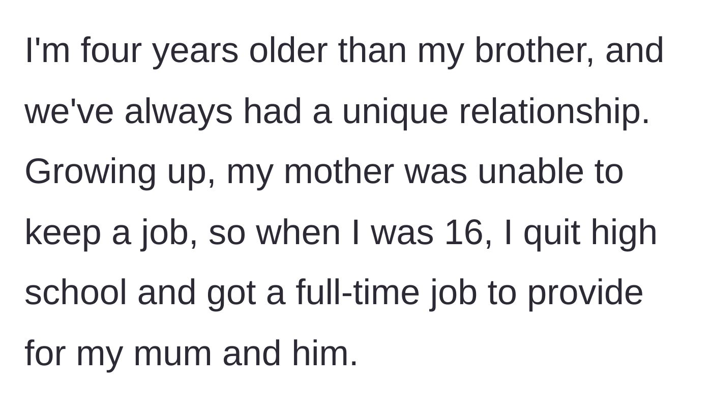 Story part 1 - OP explaining how he dropped out of high school at 16 to financially support his mom and younger brother.