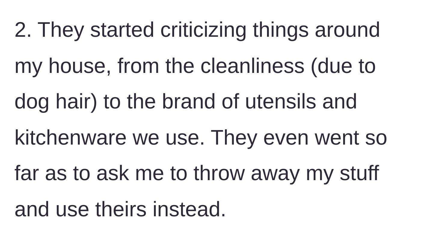 Story part 6 - The basement guests criticizing the cleanliness of the house and demanding OP throw out his own kitchen utensils.