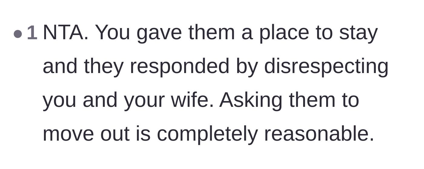 Comment thread 1 - A user validating the decision to kick the disrespectful guests out.