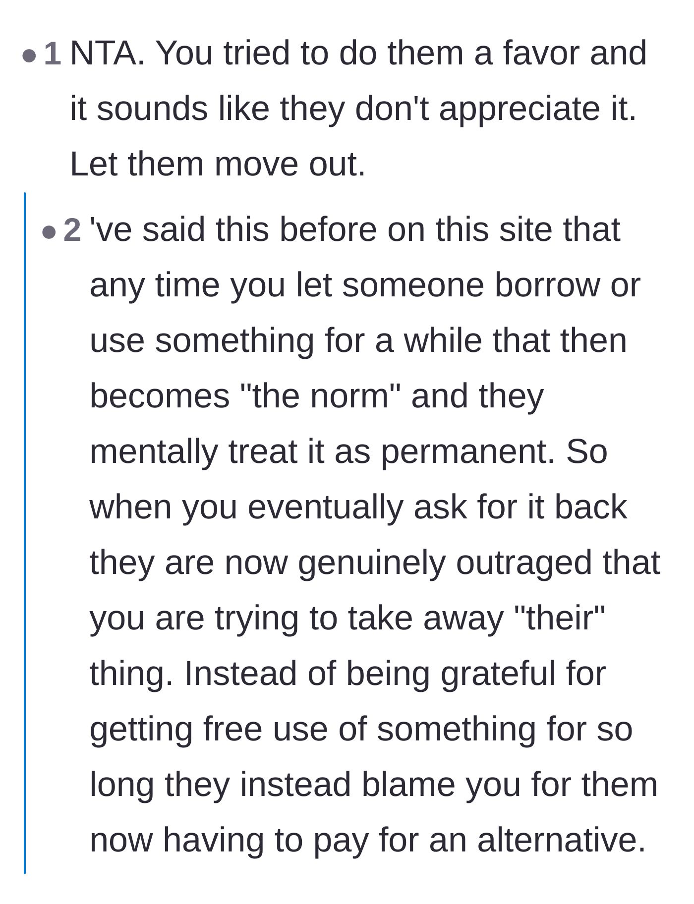 Comment thread 2 - A discussion on how temporary favors quickly become expected entitlements.