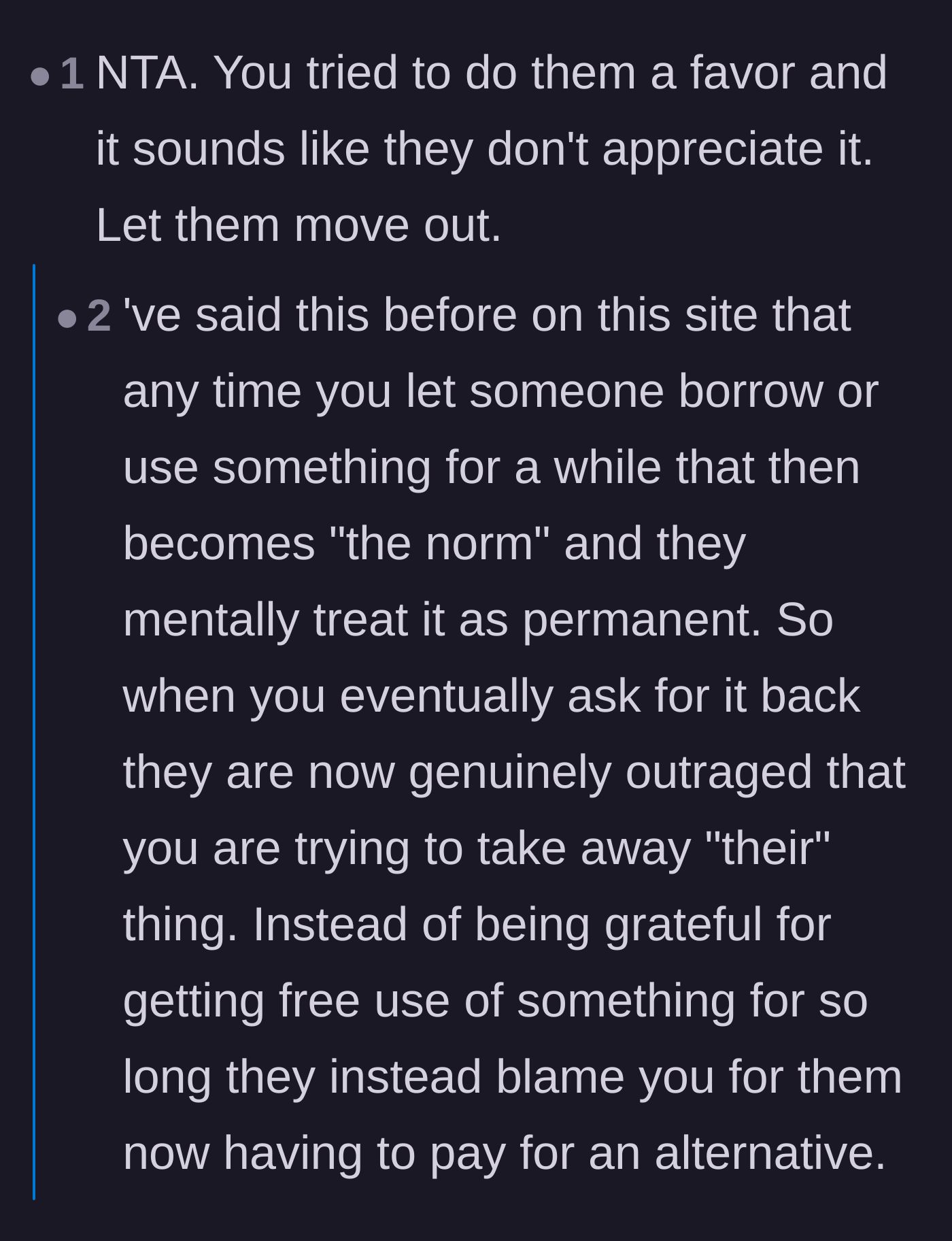 Comment thread 2 - A discussion on how temporary favors quickly become expected entitlements.