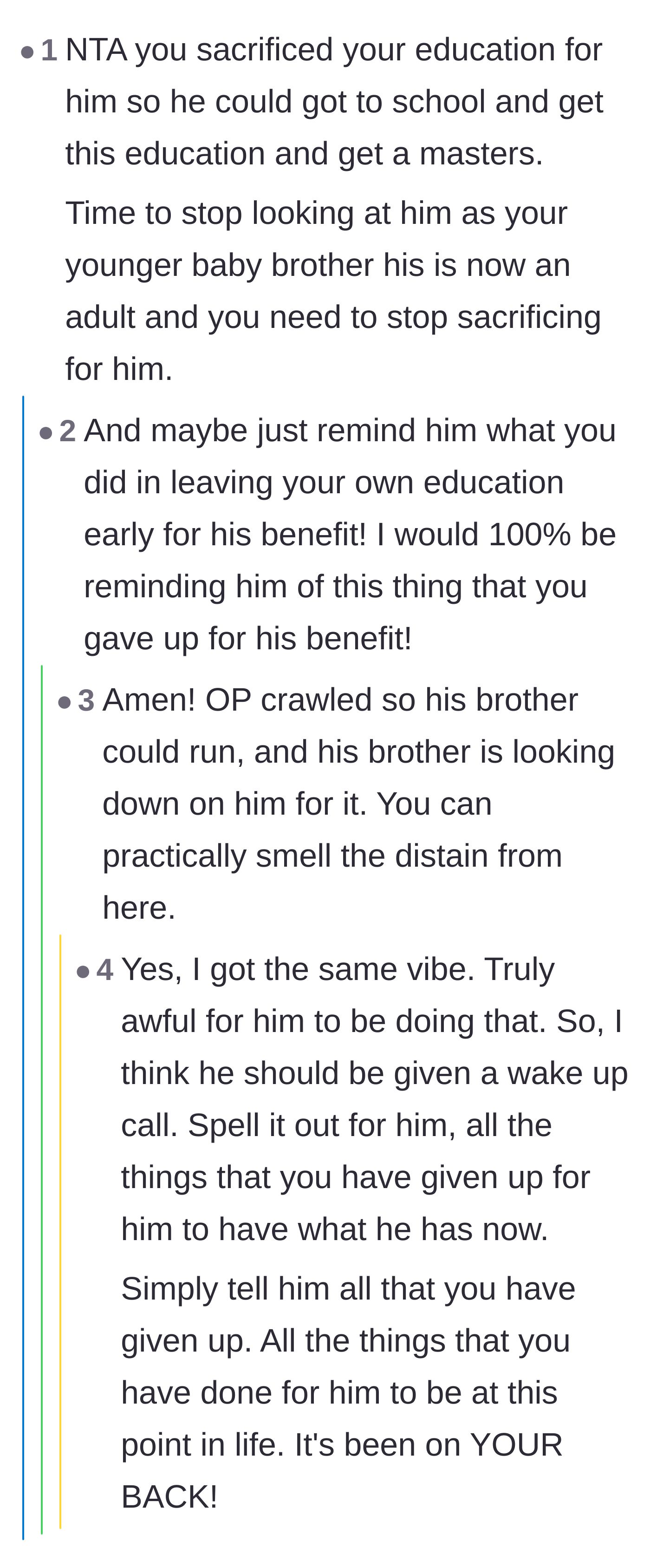 Comment thread 6 - Commenters reminding OP to stop acting like a parent and call out his past sacrifices.
